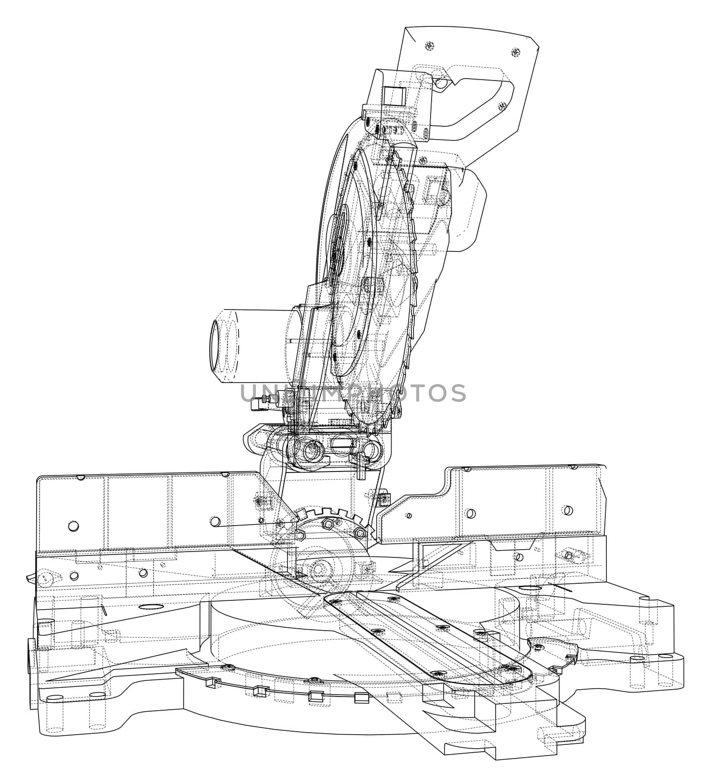 Mitre saw blade concept. 3d illustration. Wire-frame style