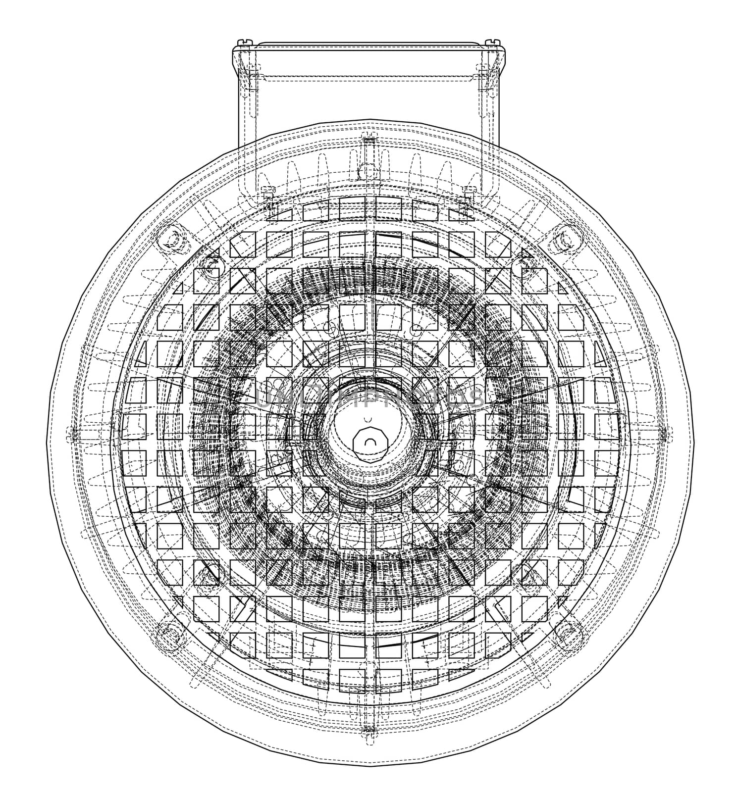 Electric motor sketch. 3d illustration. Wire-frame style