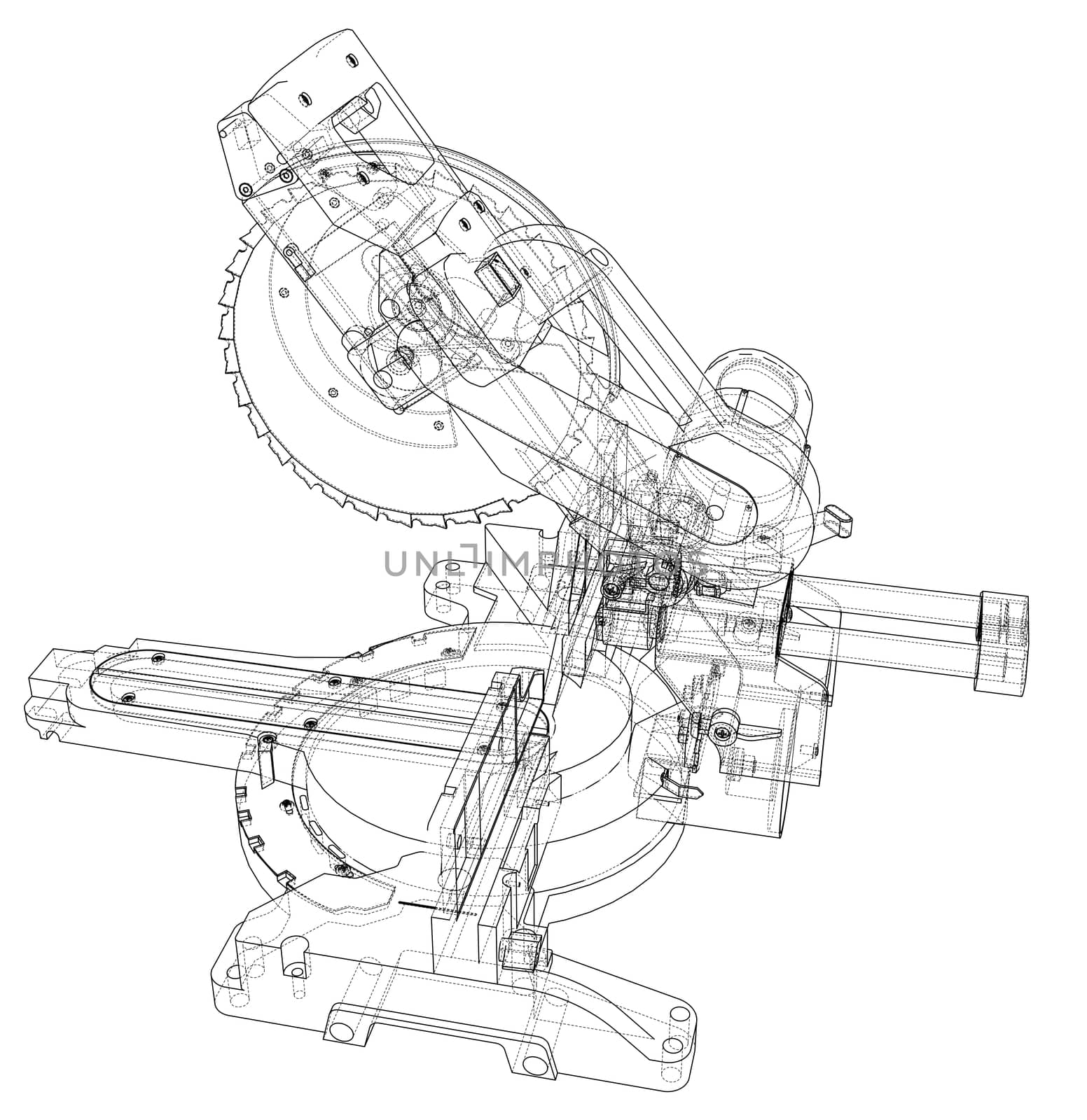 Mitre saw blade concept. 3d illustration. Wire-frame style