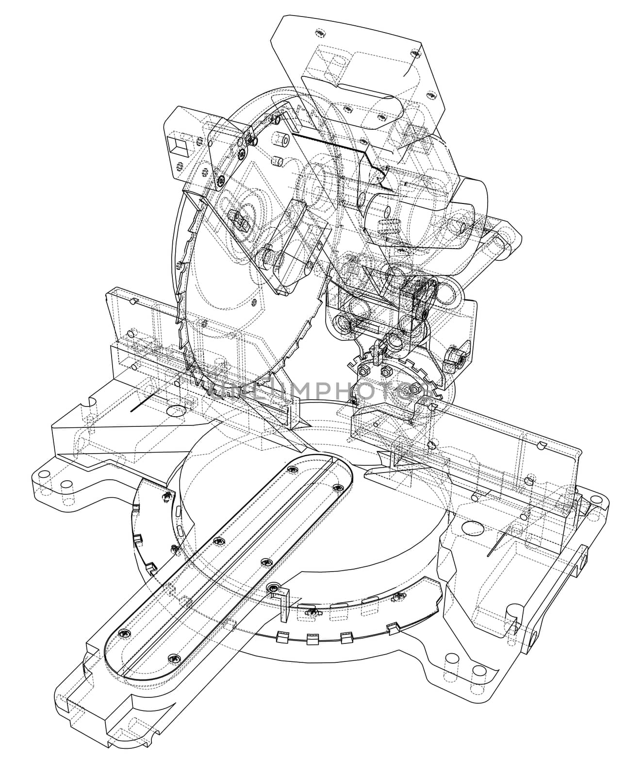 Mitre saw blade concept. 3d illustration. Wire-frame style