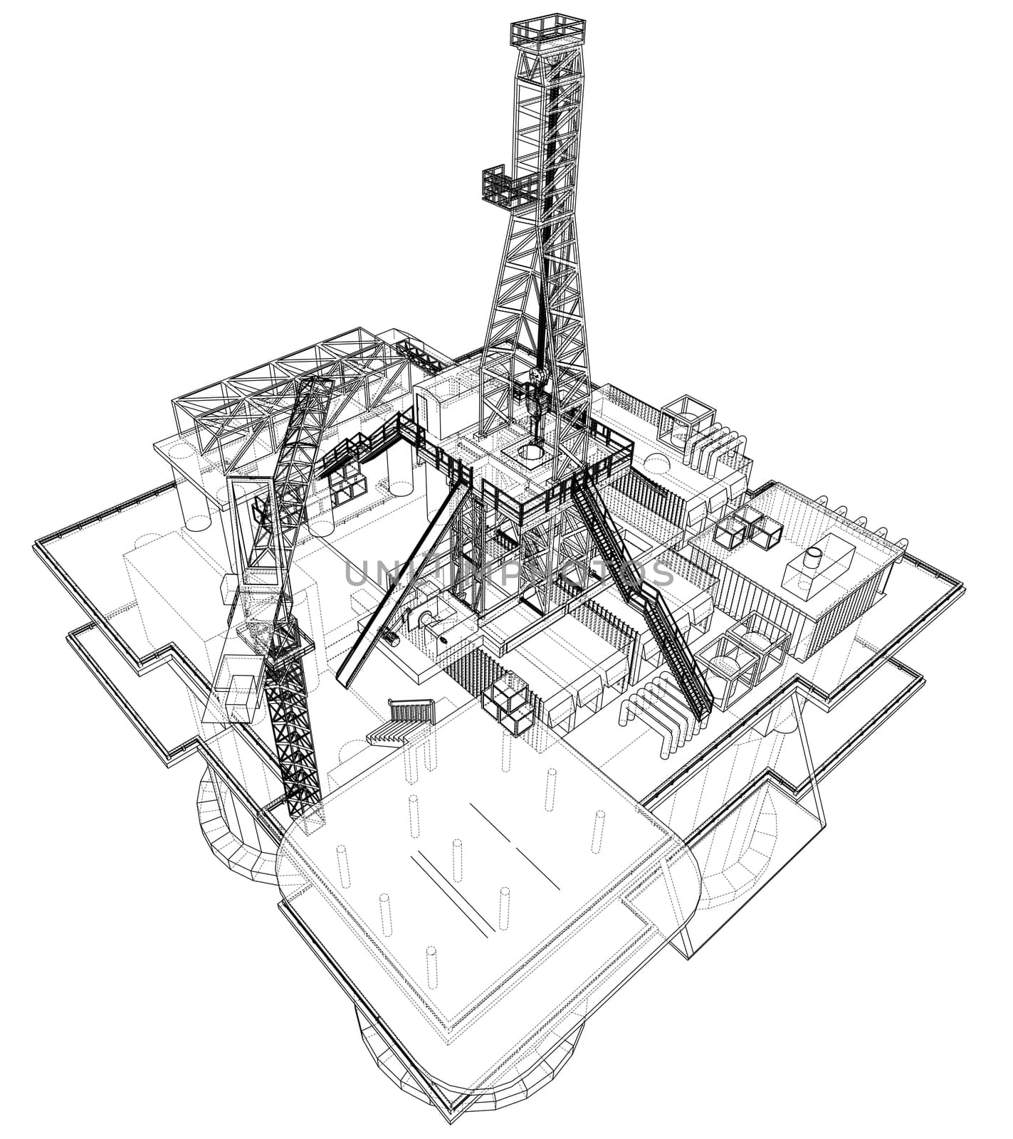 Offshore oil rig drilling platform concept. 3d illustration. Wire-frame style