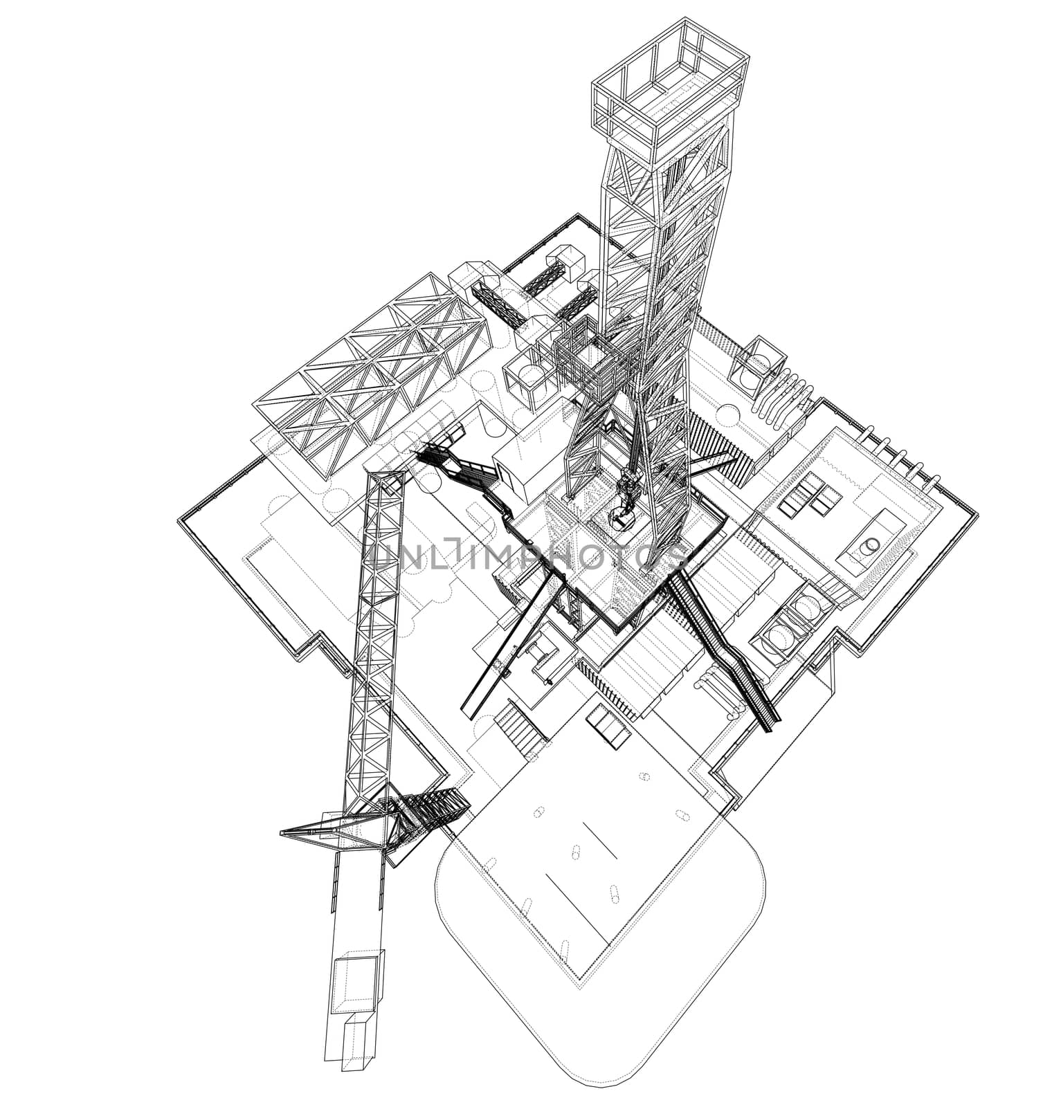 Offshore oil rig drilling platform concept. 3d illustration. Wire-frame style