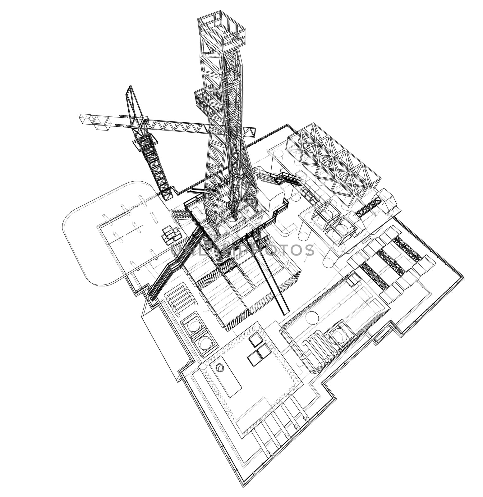 Offshore oil rig drilling platform concept. 3d illustration. Wire-frame style