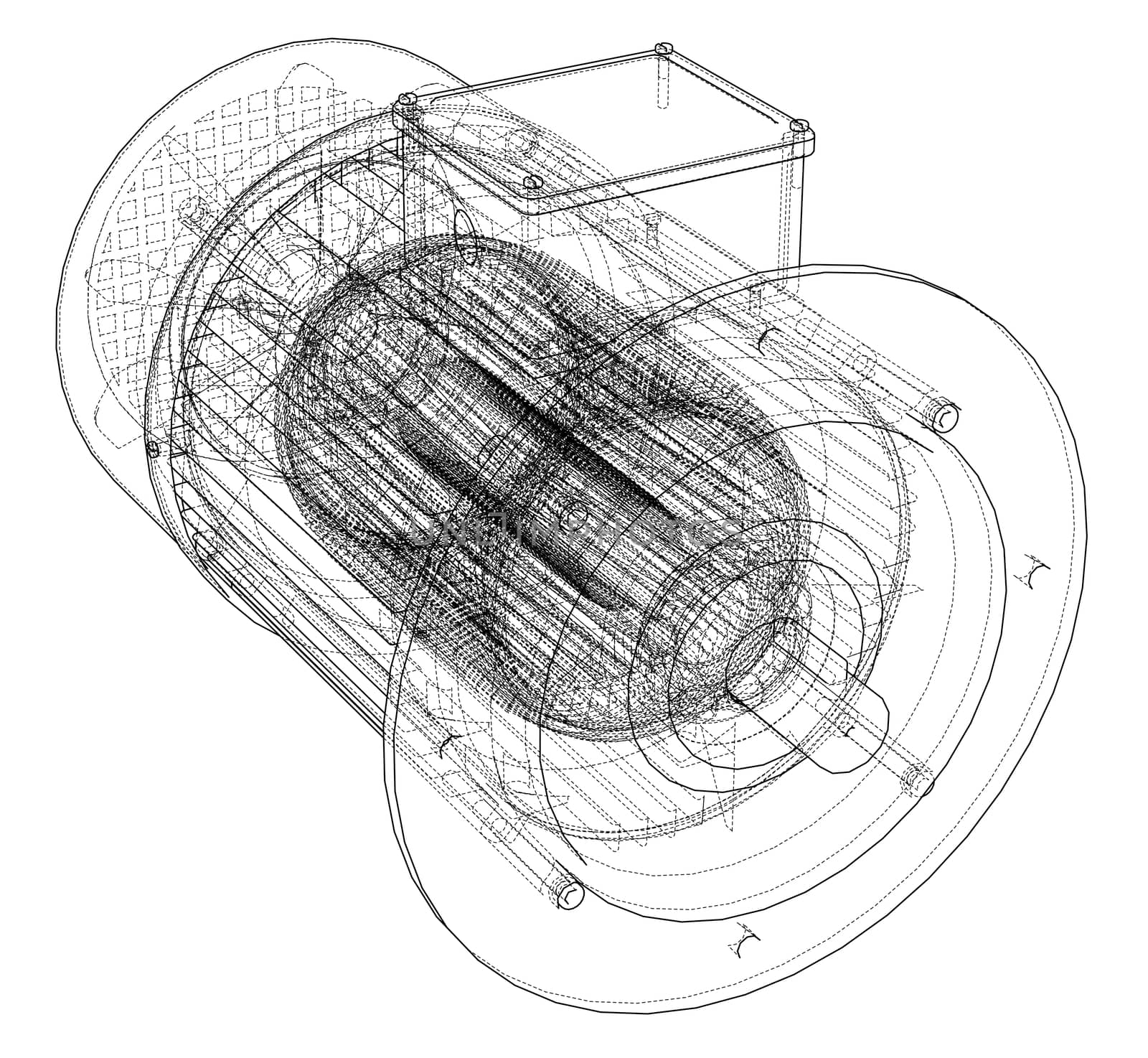 Electric motor sketch. 3d illustration. Wire-frame style