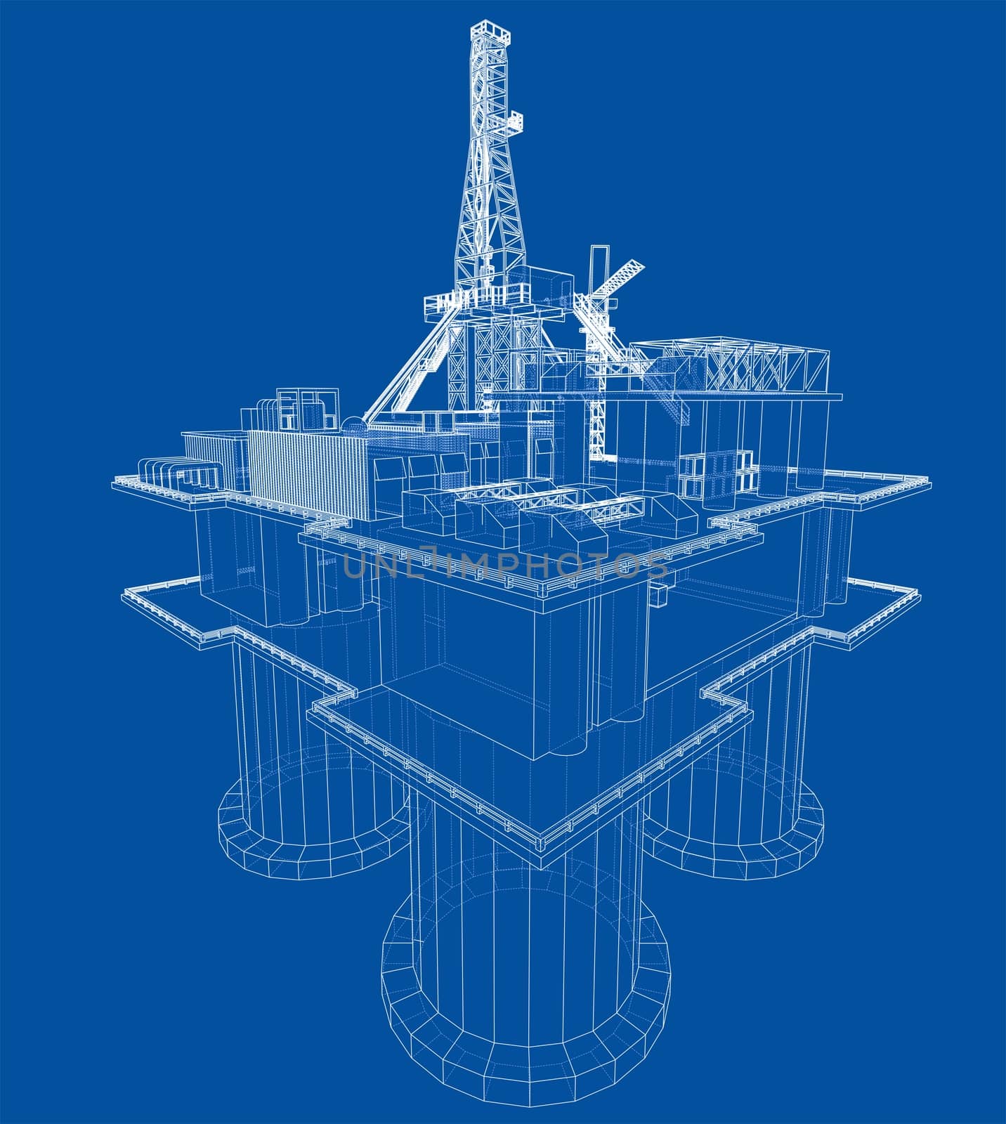 Offshore oil rig drilling platform concept. 3d illustration. Wire-frame style