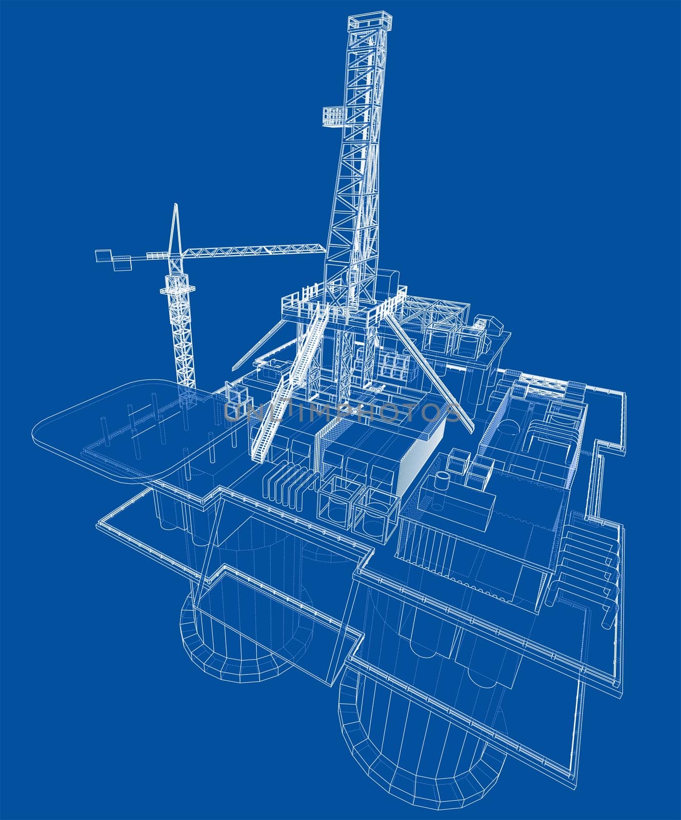 Offshore oil rig drilling platform concept. 3d illustration. Wire-frame style