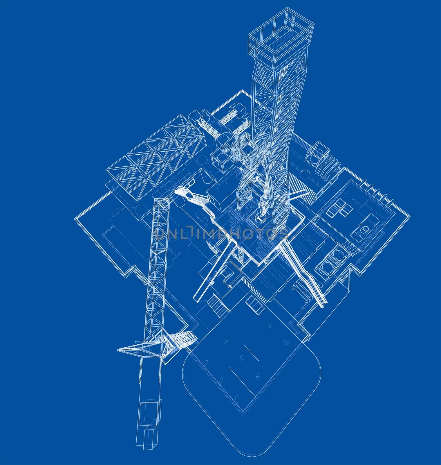 Offshore oil rig drilling platform concept. 3d illustration. Wire-frame style