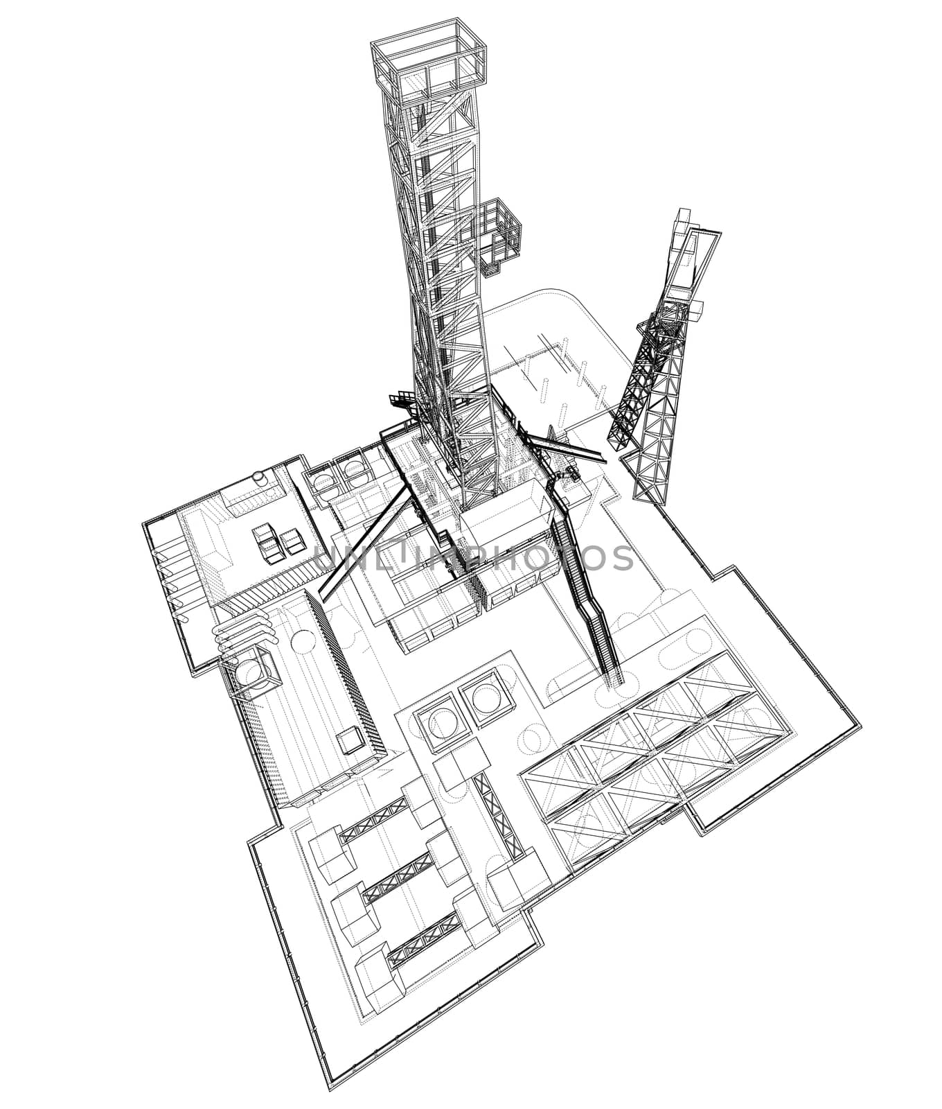 Offshore oil rig drilling platform concept. 3d illustration. Wire-frame style