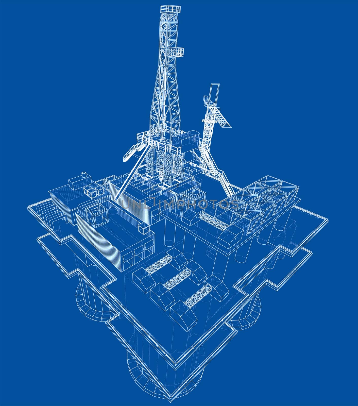 Offshore oil rig drilling platform concept. 3d illustration. Wire-frame style