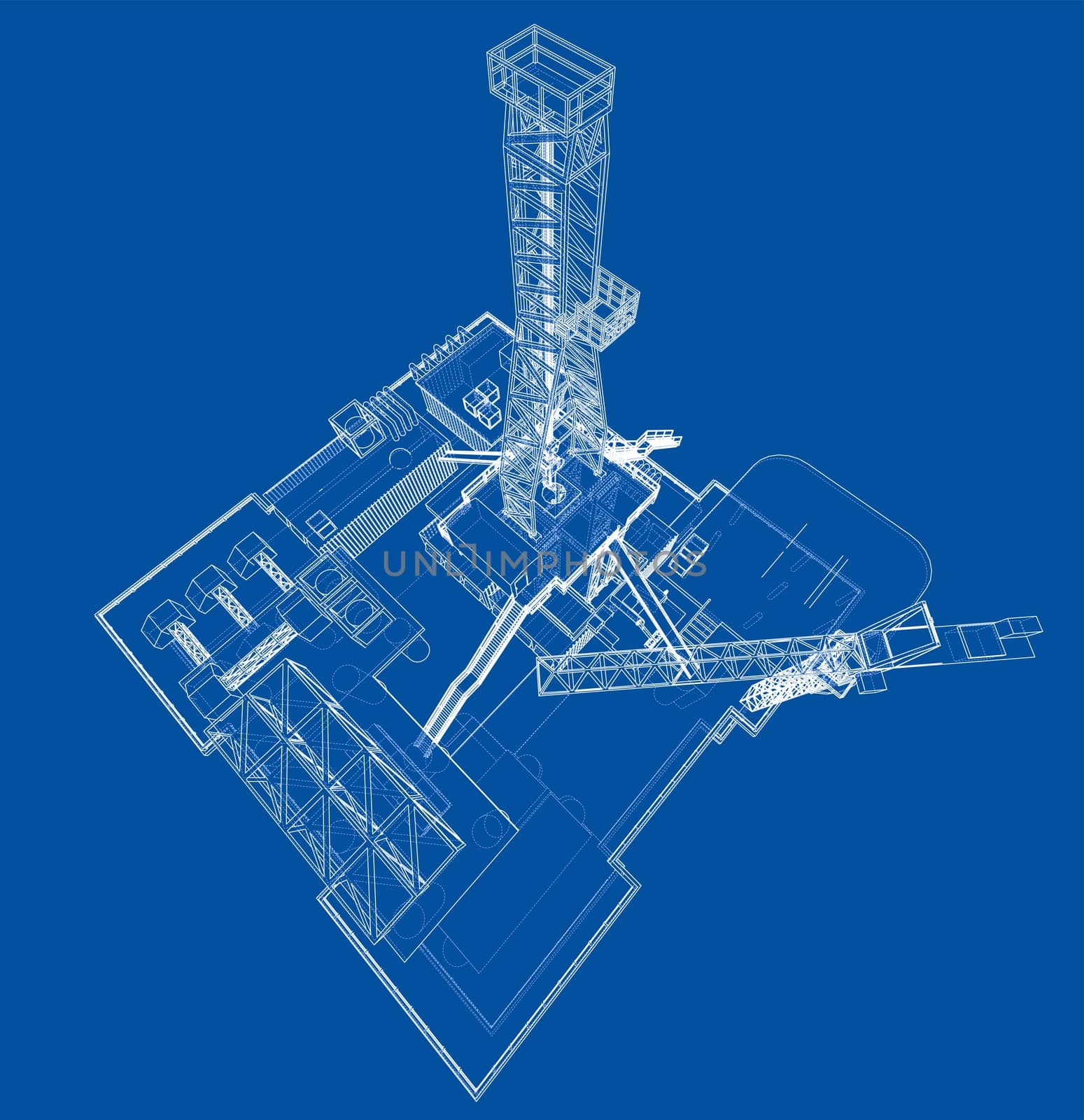 Offshore oil rig drilling platform concept. 3d illustration. Wire-frame style