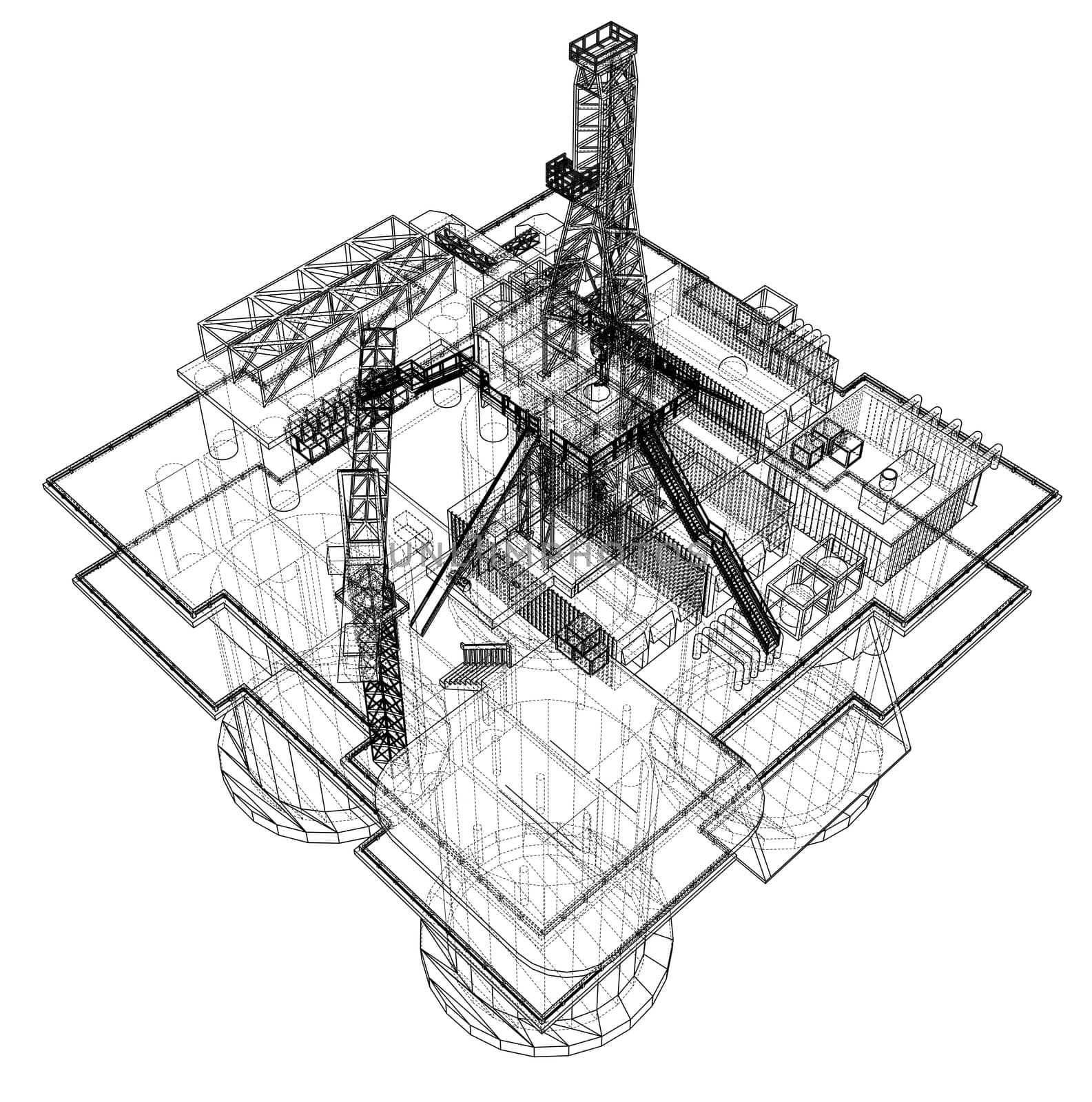 Offshore oil rig drilling platform concept. 3d illustration. Wire-frame style