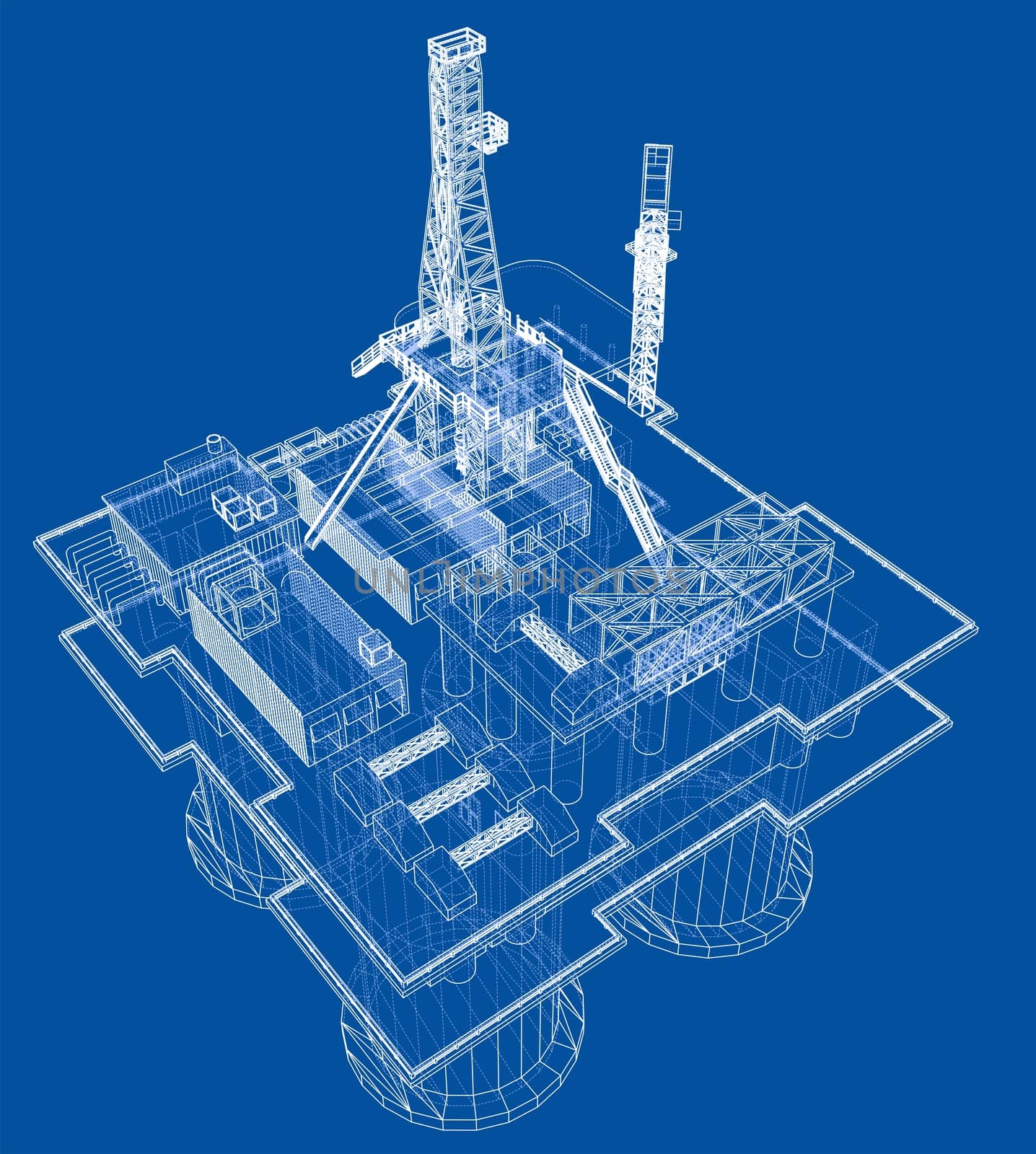 Offshore oil rig drilling platform concept. 3d illustration. Wire-frame style