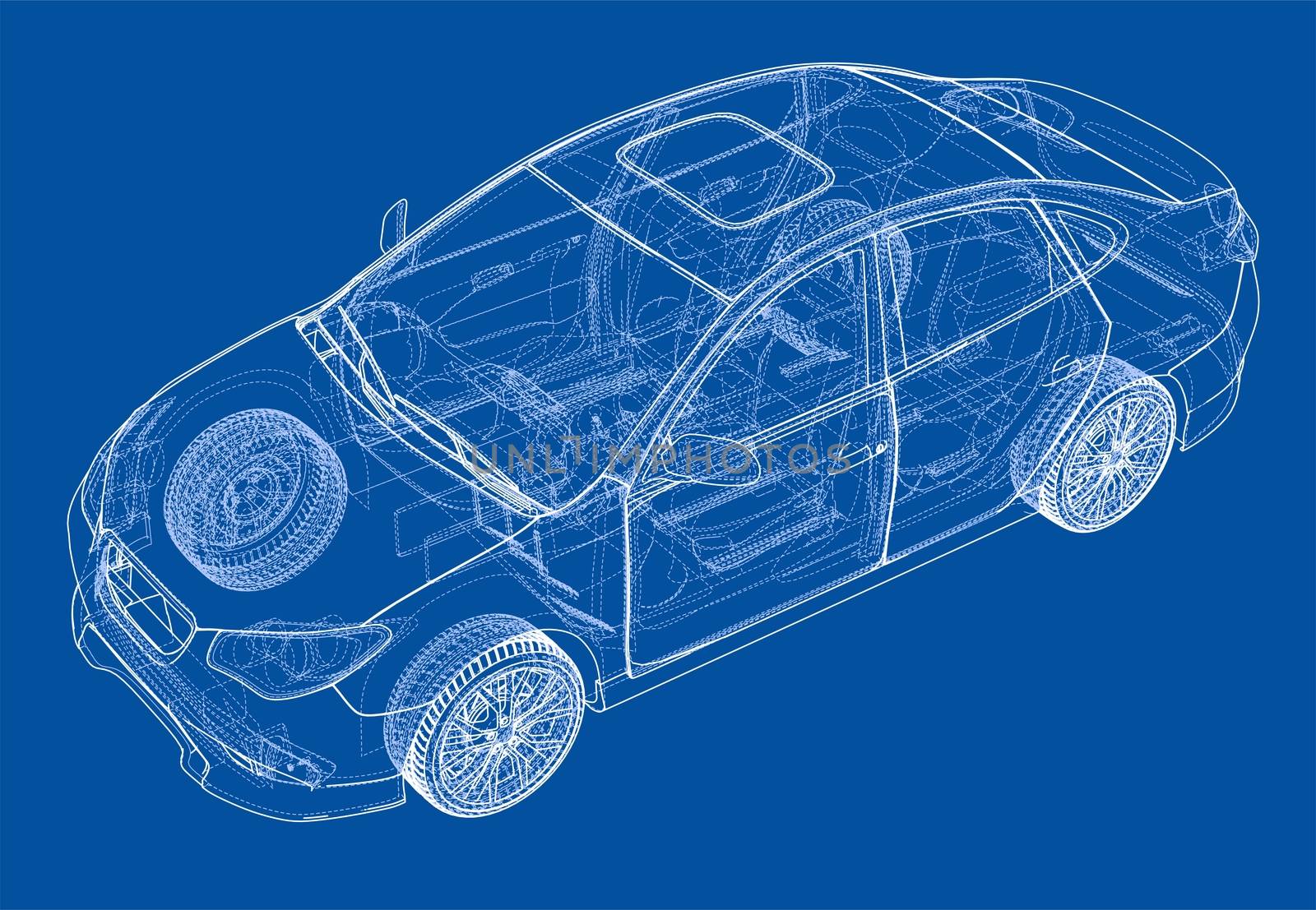 Concept car. 3d illustration. Blueprint or Wire-frame style