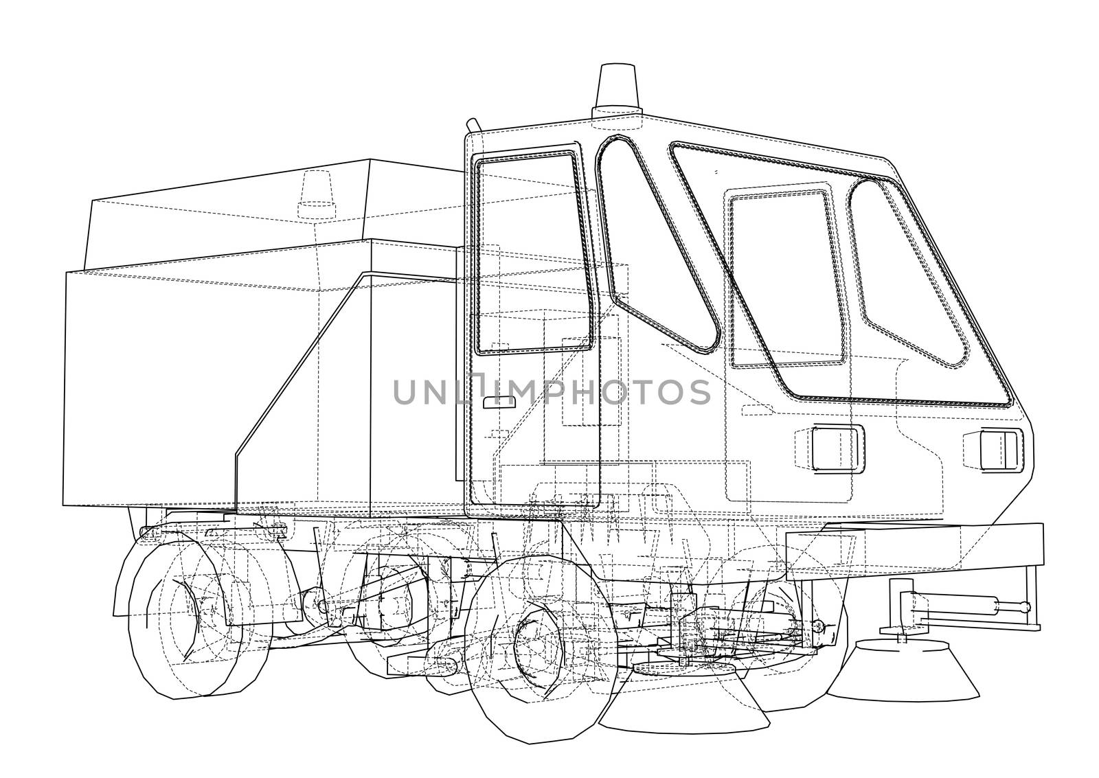 Small Street Clean Truck Concept. 3d illustration. Wire-frame style