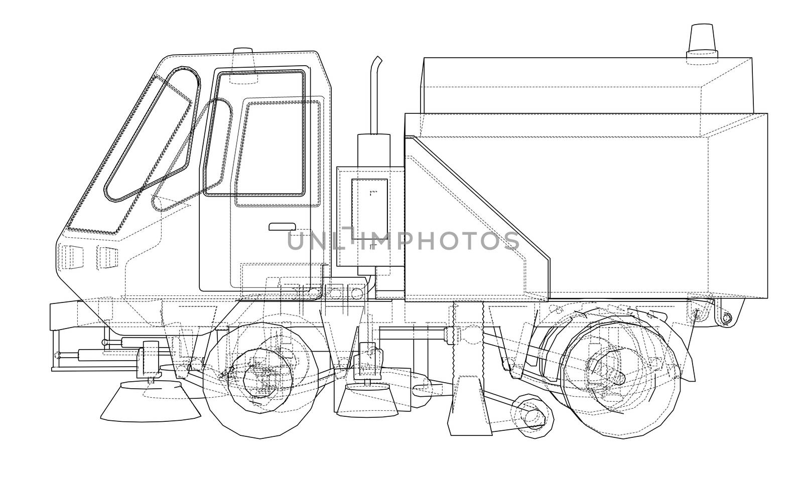 Small Street Clean Truck Concept. 3d illustration. Wire-frame style