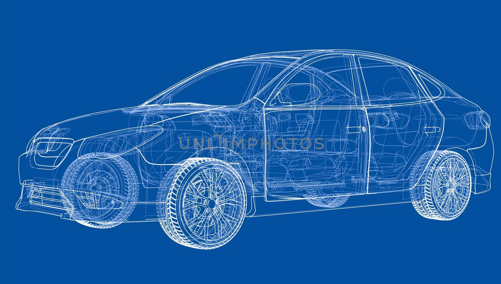 Concept car. 3d illustration. Blueprint or Wire-frame style