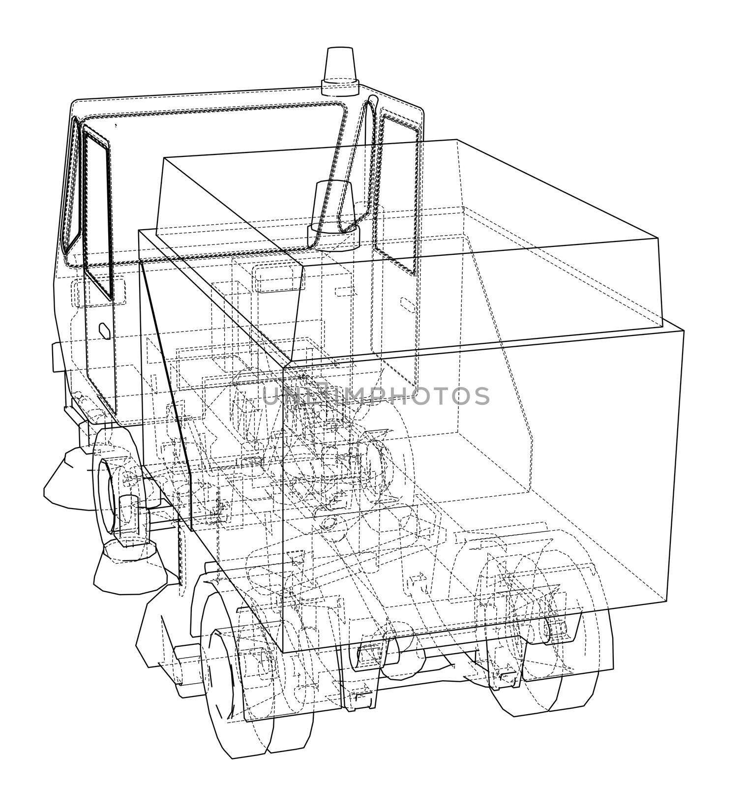 Small Street Clean Truck Concept. 3d illustration. Wire-frame style