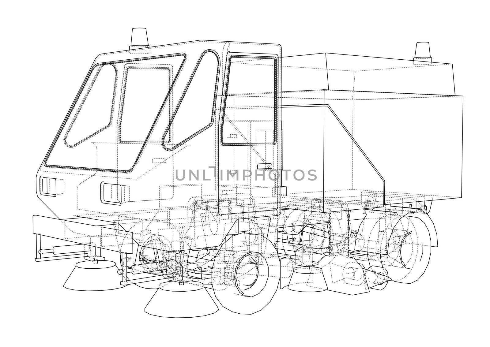 Small Street Clean Truck Concept. 3d illustration. Wire-frame style