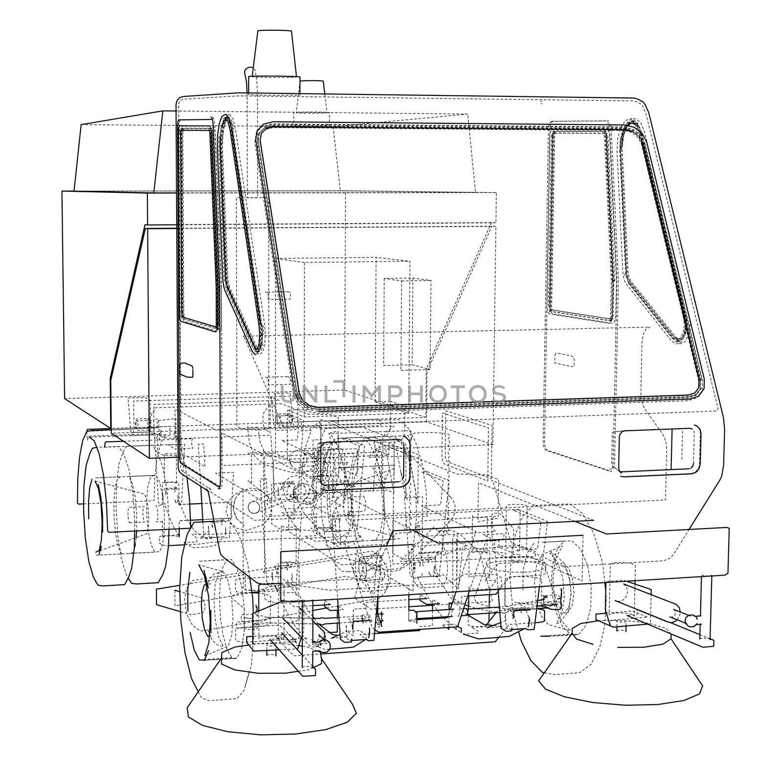 Small Street Clean Truck Concept. 3d illustration. Wire-frame style