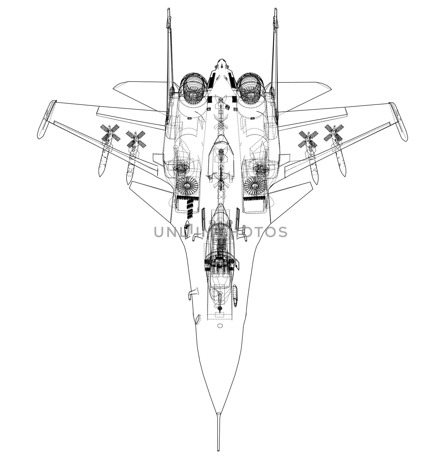 Fighter plane concept. 3d illustration. Wire-frame style