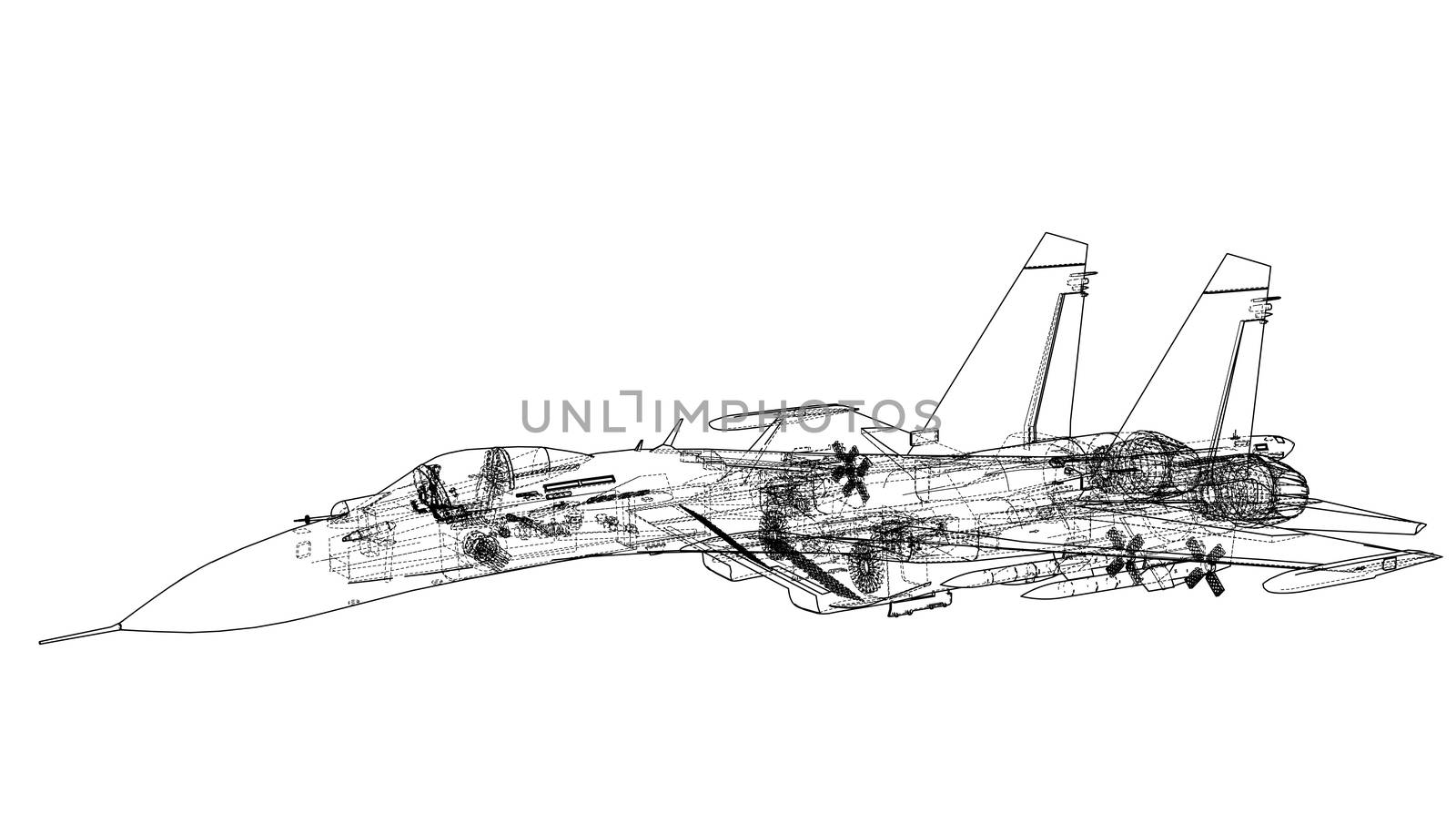 Fighter plane concept. 3d illustration. Wire-frame style