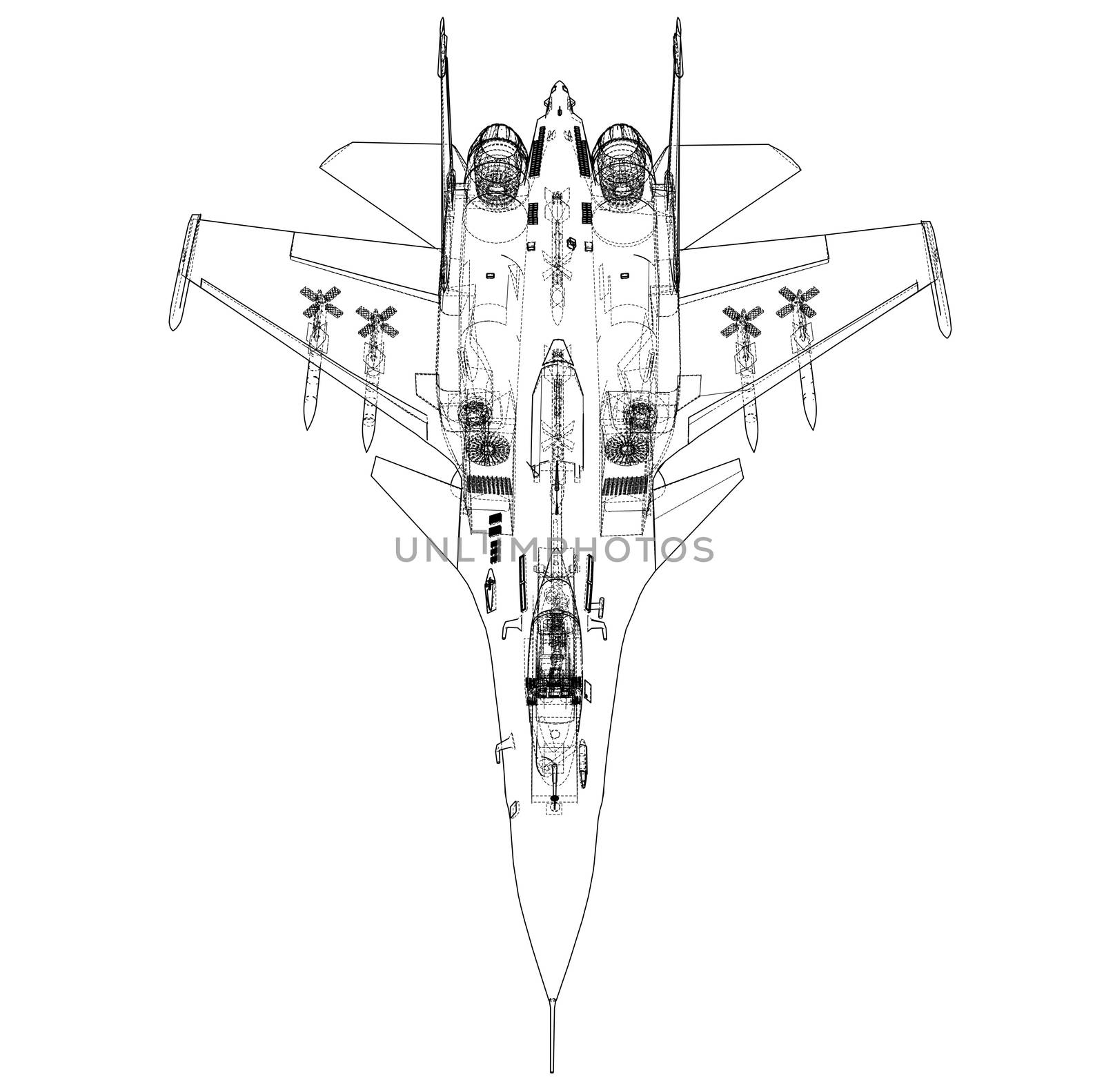 Fighter plane concept. 3d illustration. Wire-frame style