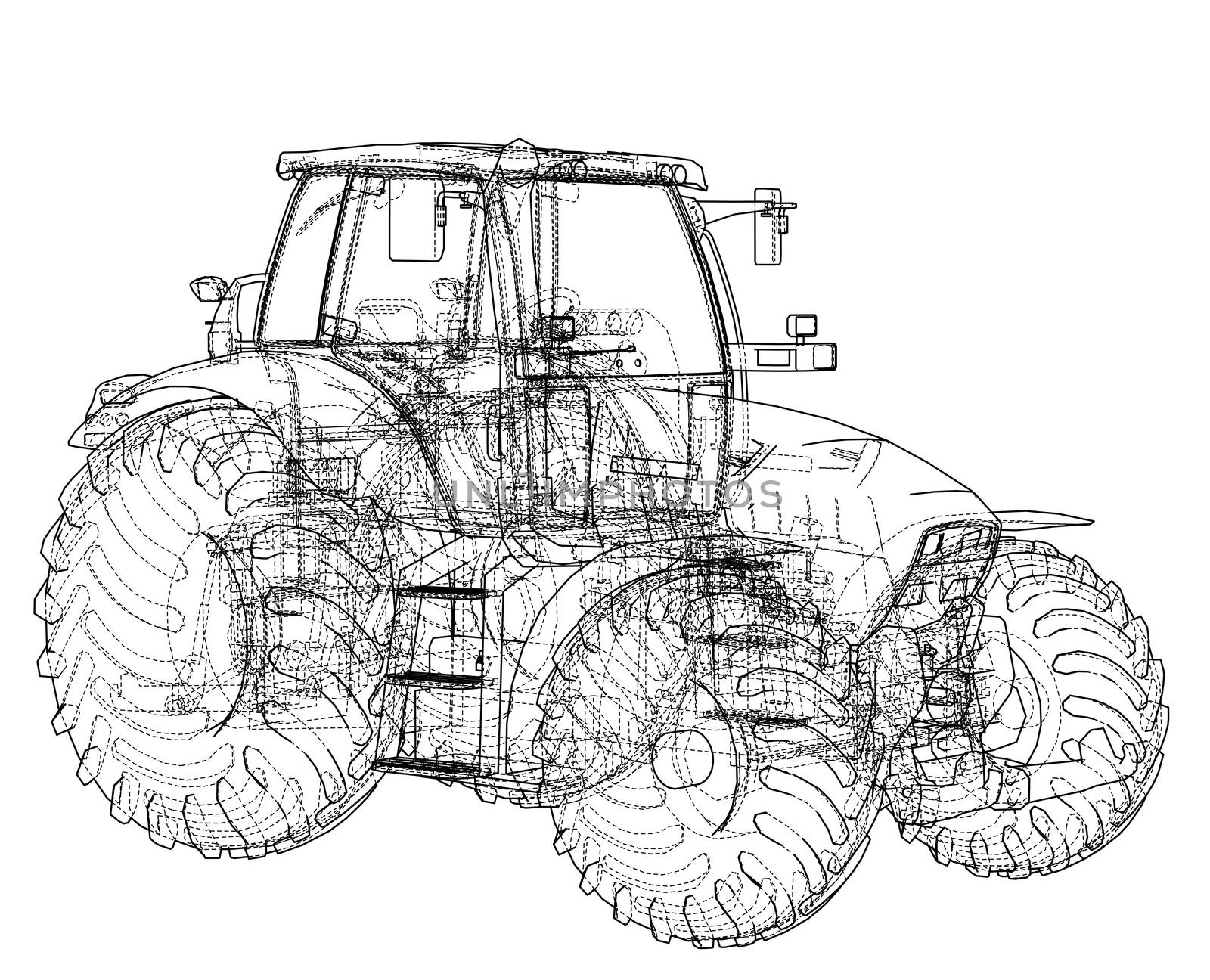 Farm Tractor Concept. 3d illustration. Wire-frame style