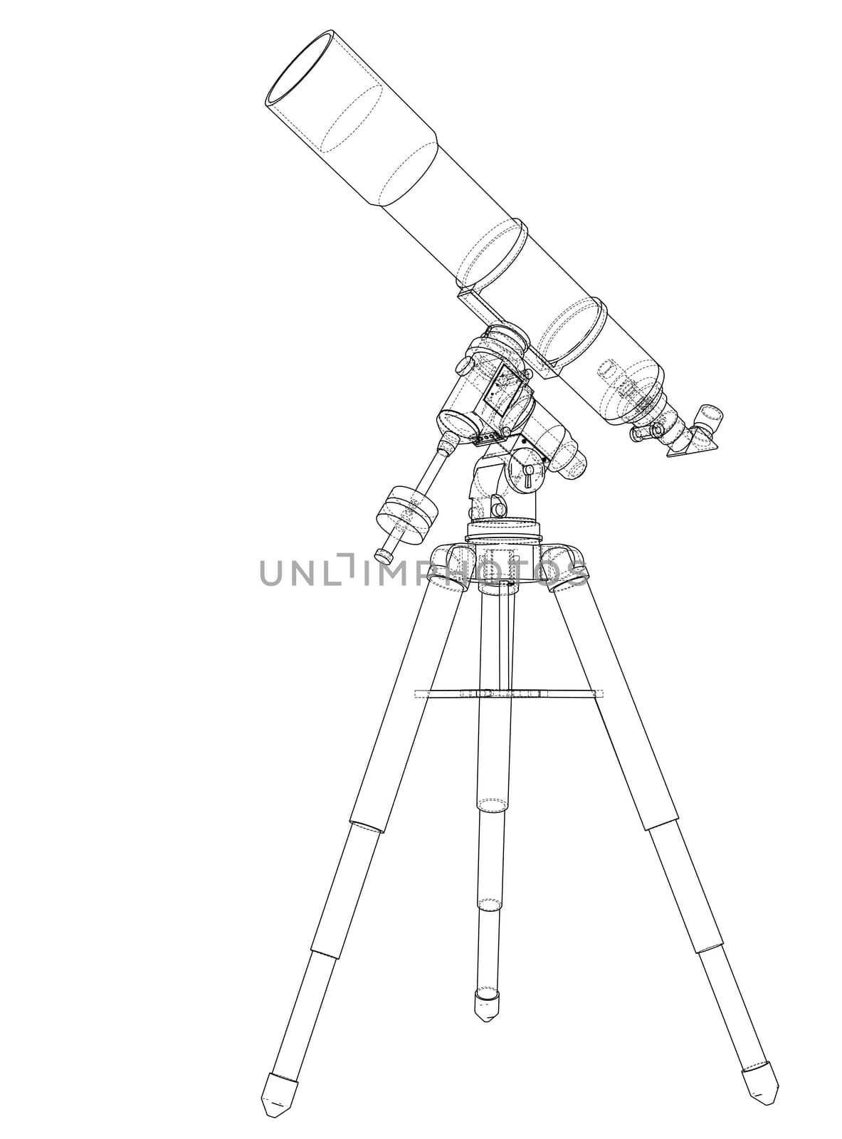 Telescope concept outline. 3d illustration. Wire-frame style