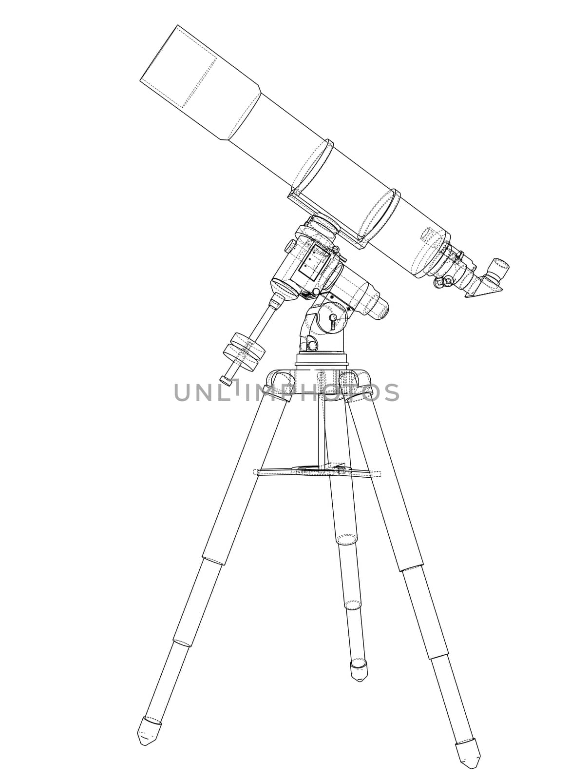 Telescope concept outline. 3d illustration. Wire-frame style