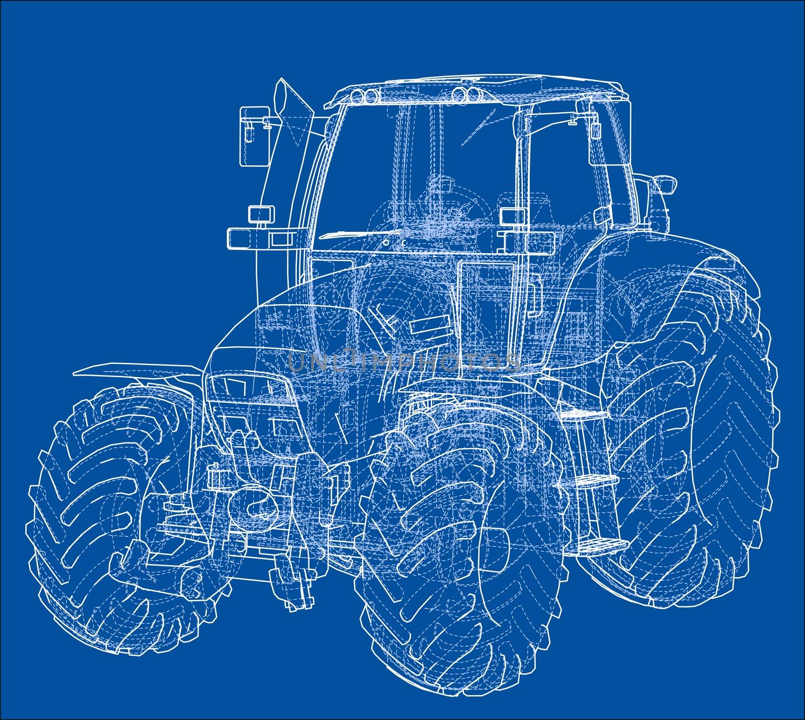 Farm Tractor Concept. 3d illustration. Wire-frame style