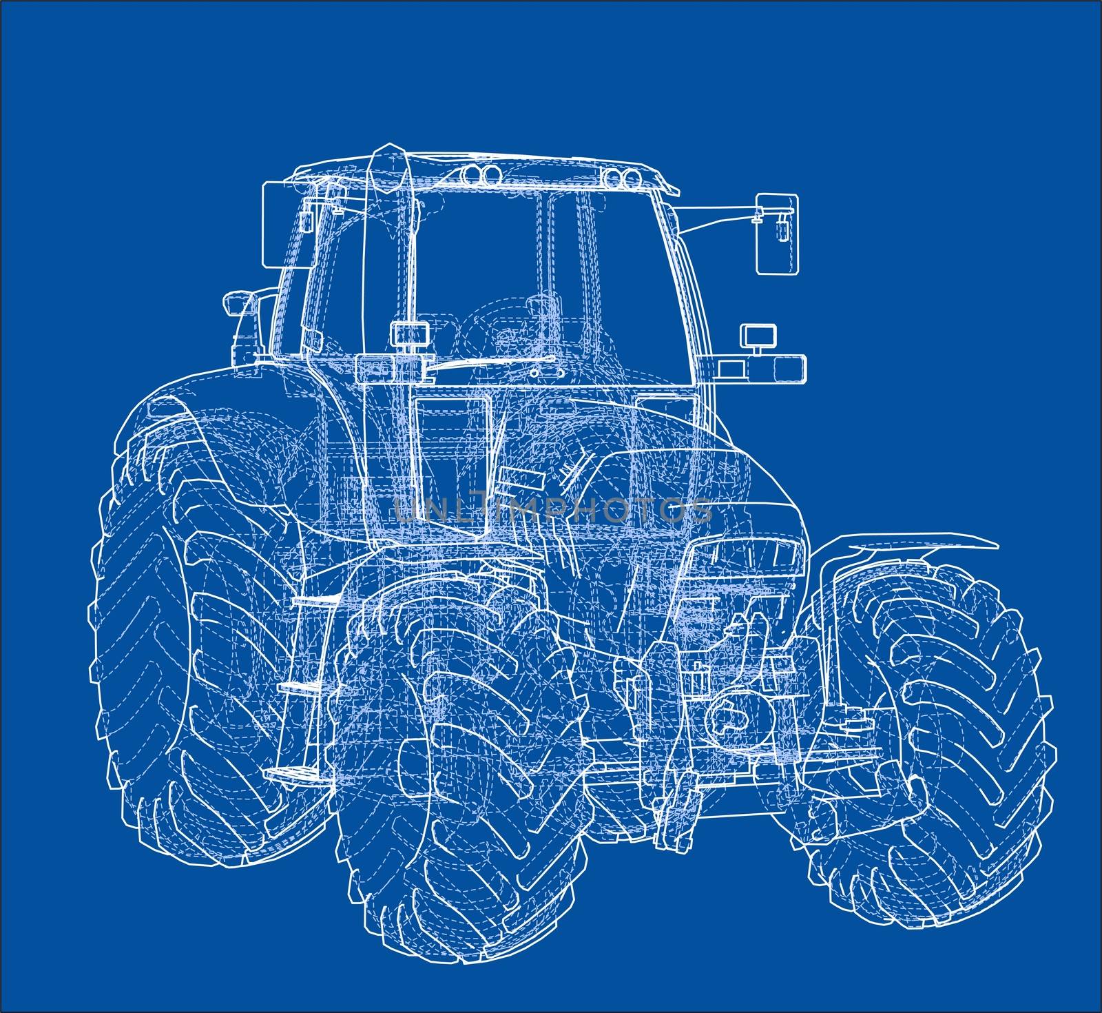 Farm Tractor Concept. 3d illustration. Wire-frame style