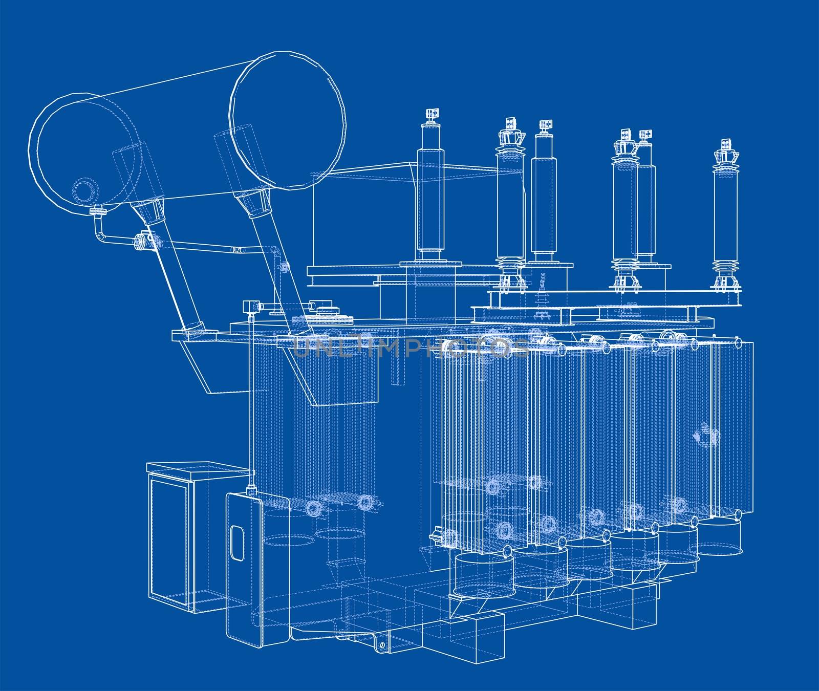 High-voltage transformer concept. 3d illustration. Wire-frame style