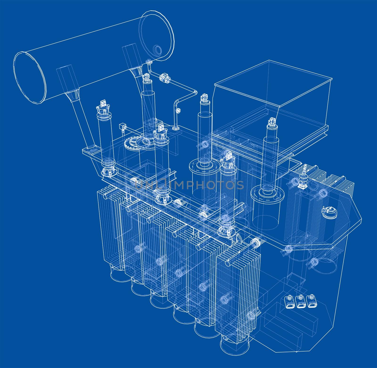 High-voltage transformer concept. 3d illustration. Wire-frame style