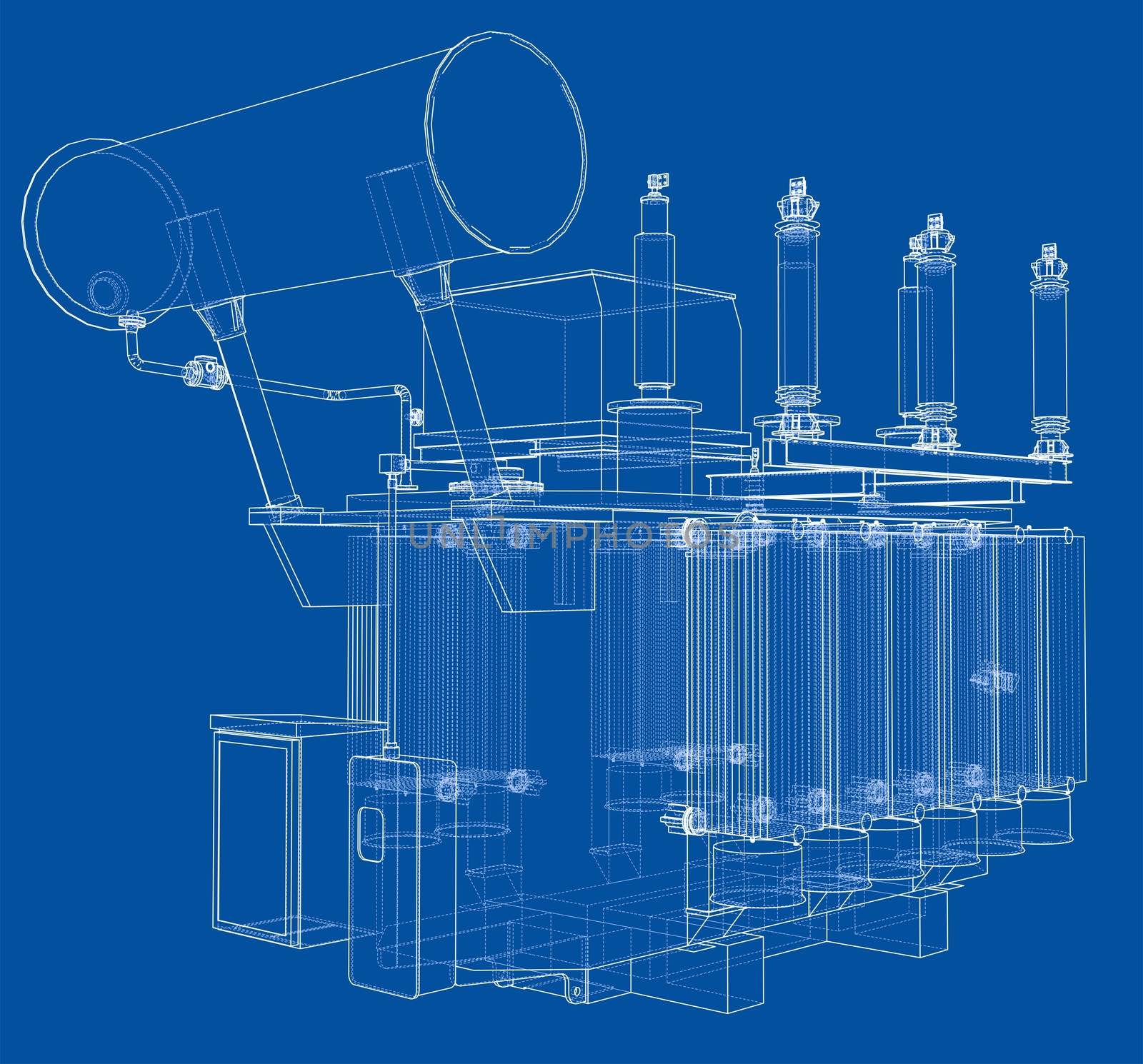 High-voltage transformer concept. 3d illustration. Wire-frame style