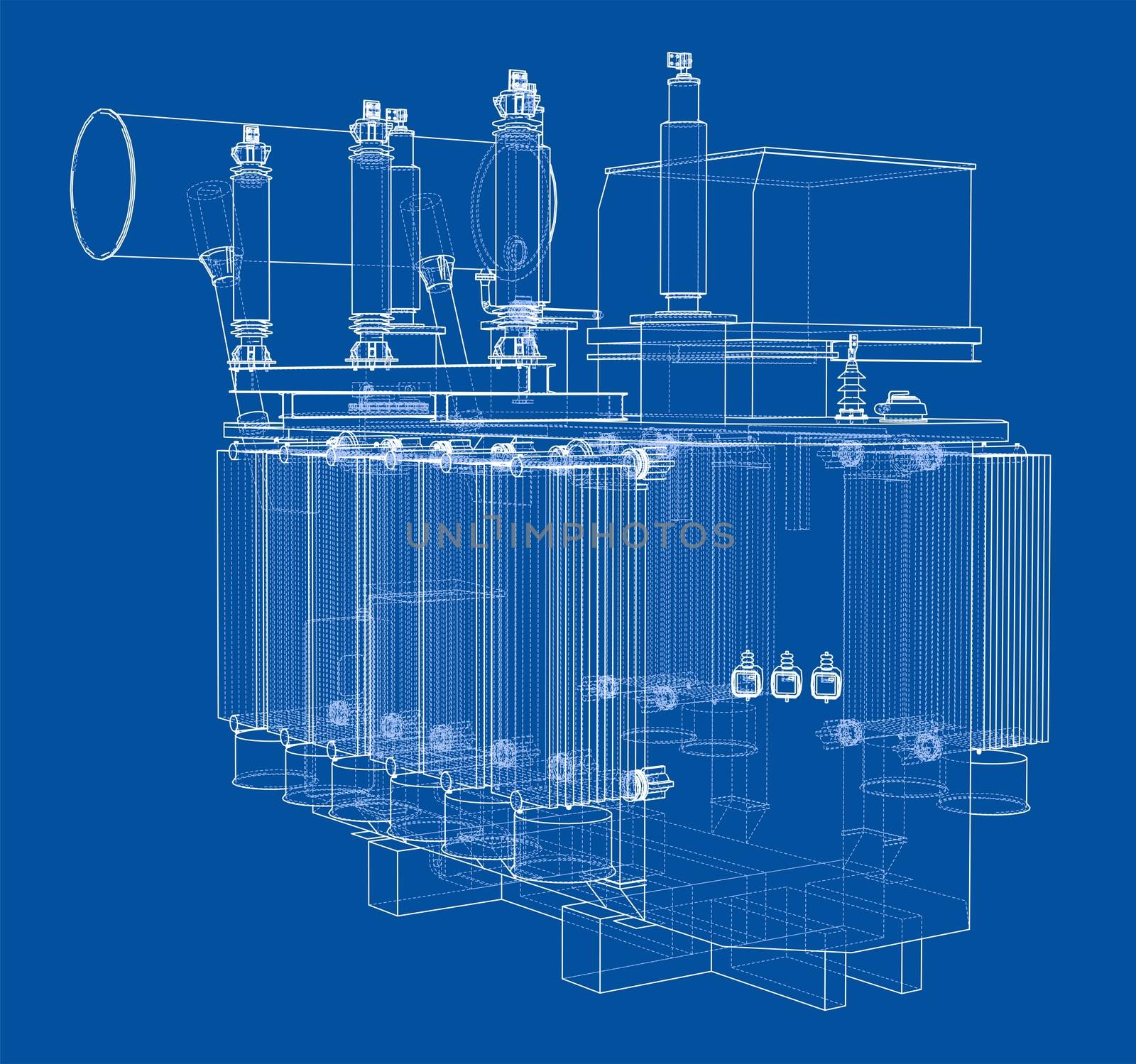 High-voltage transformer concept. 3d illustration. Wire-frame style