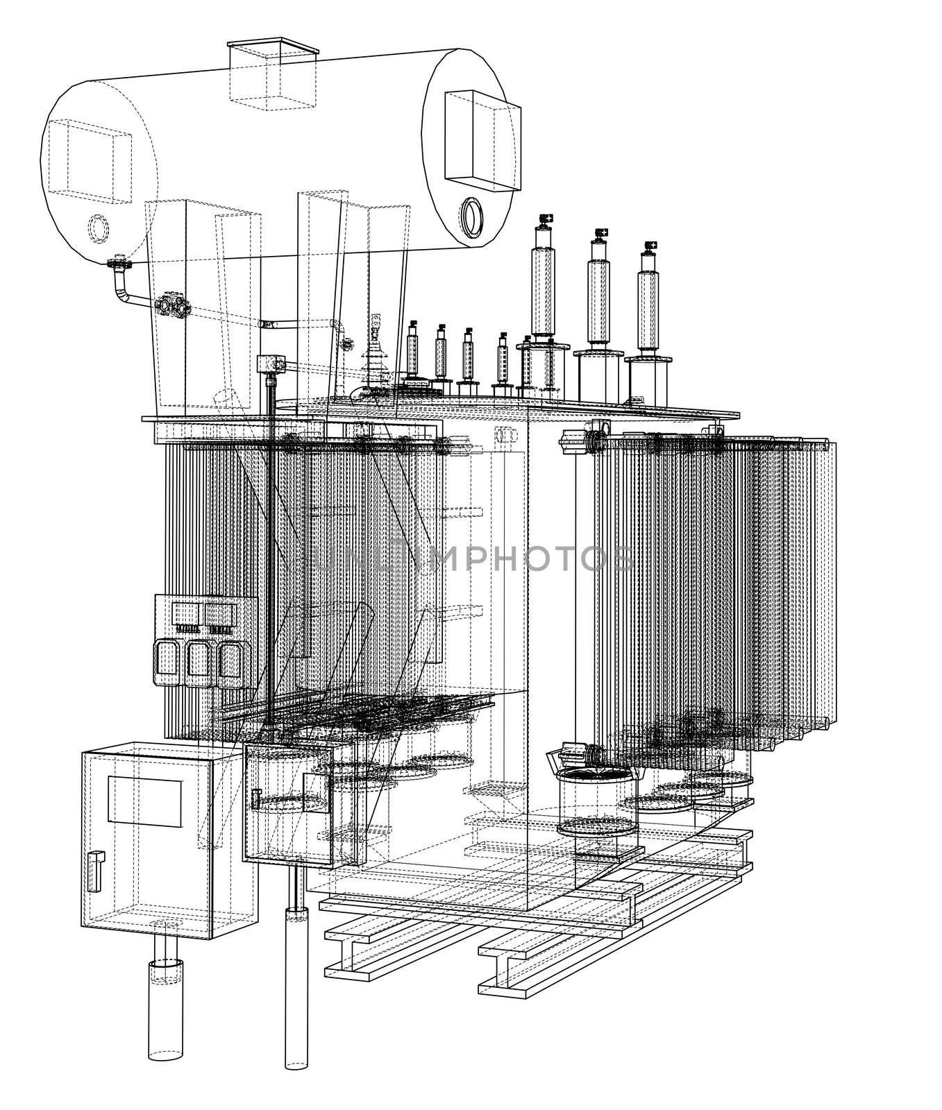 High-voltage transformer concept. 3d illustration. Wire-frame style