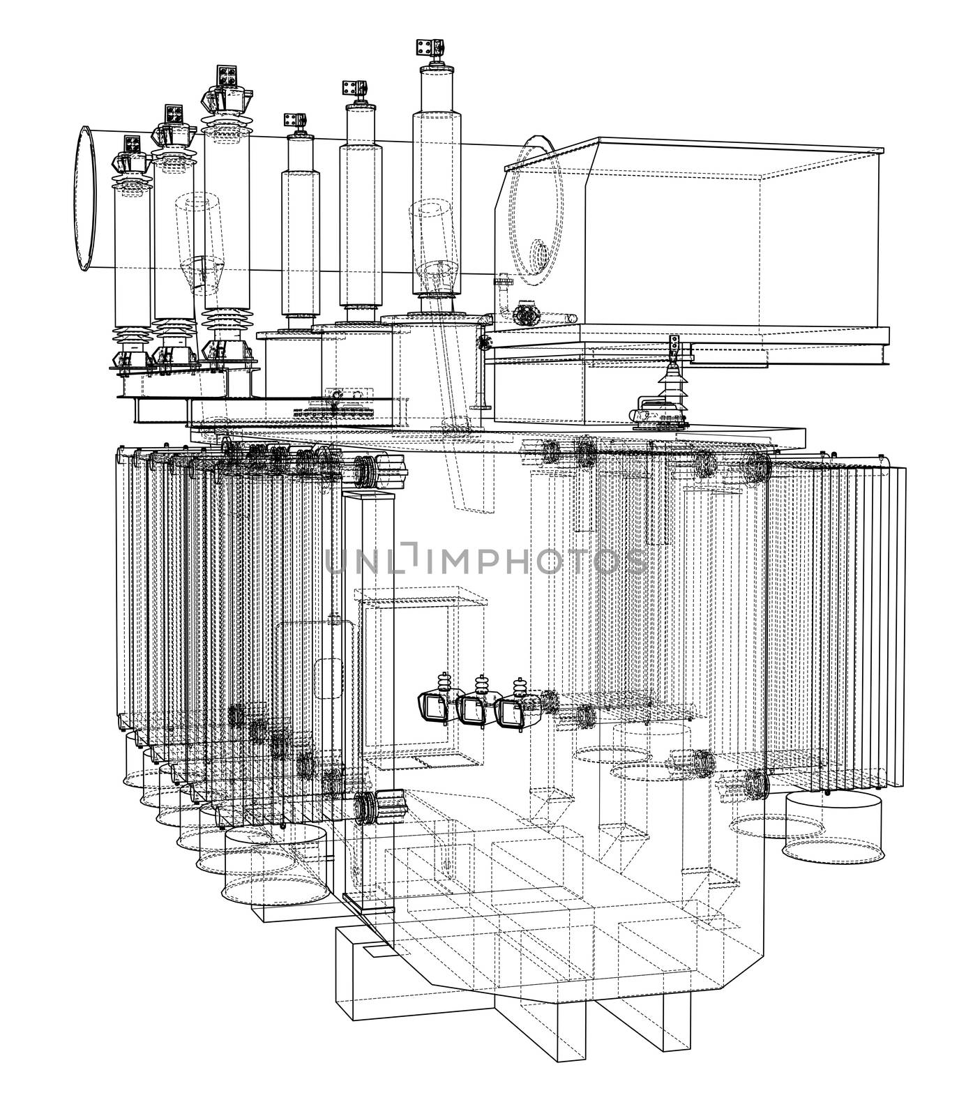 High-voltage transformer concept. 3d illustration. Wire-frame style