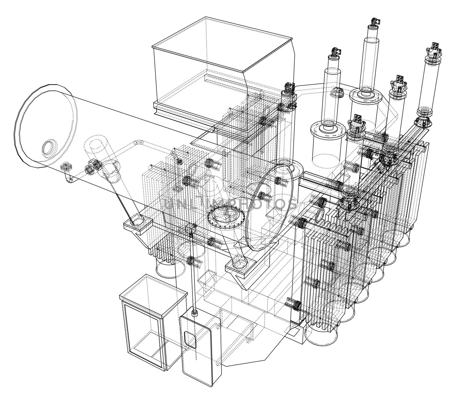 High-voltage transformer concept. 3d illustration. Wire-frame style