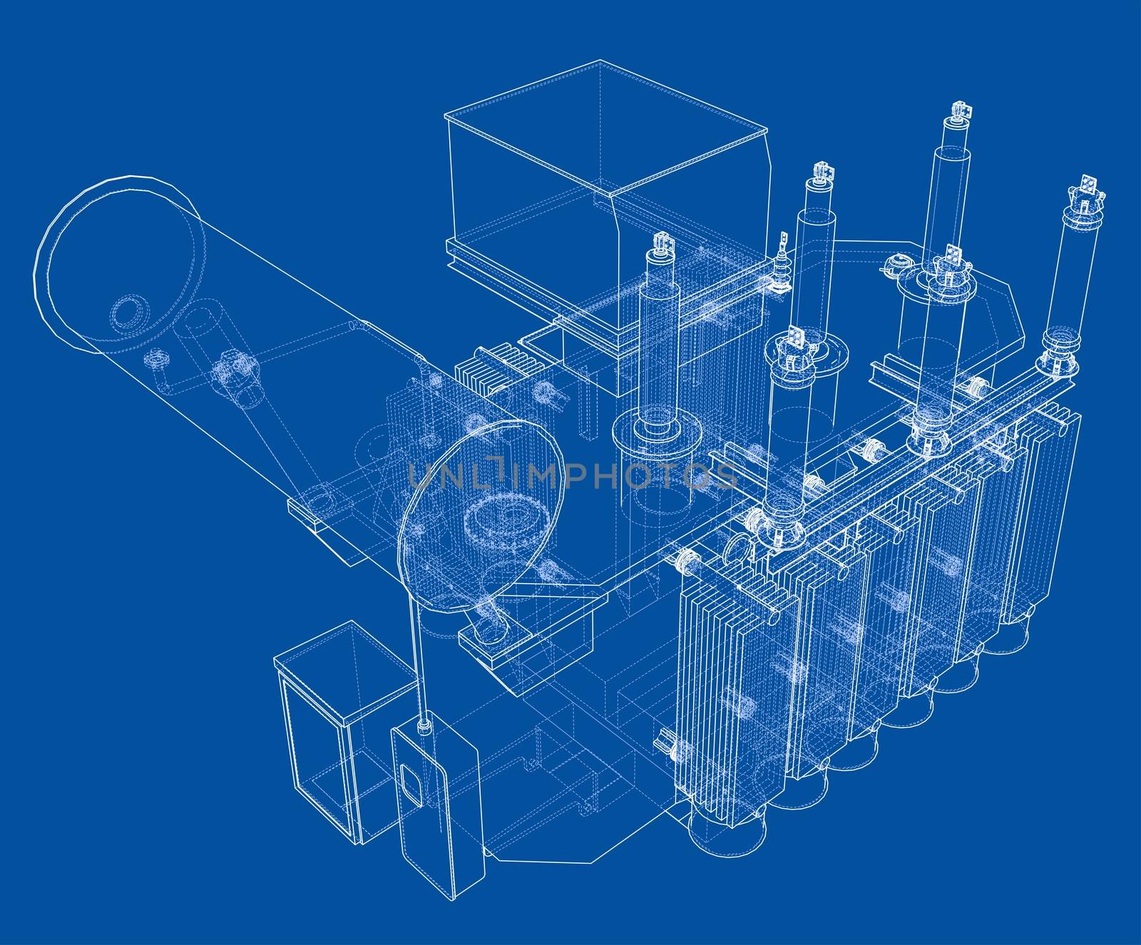 High-voltage transformer concept. 3d illustration. Wire-frame style