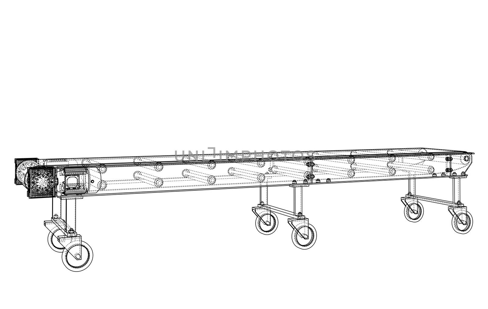 3D outline conveyor belt. 3d illustration. Wire-frame style