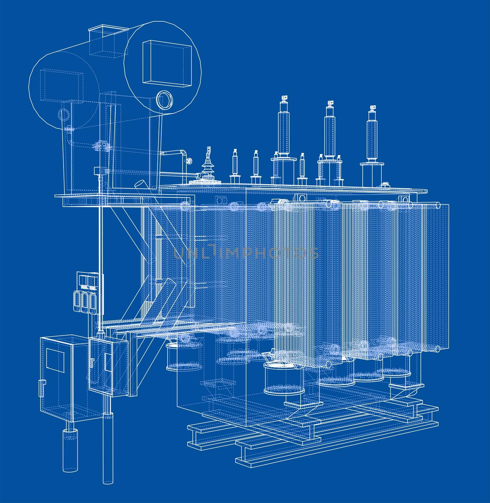 High-voltage transformer concept. 3d illustration. Wire-frame style