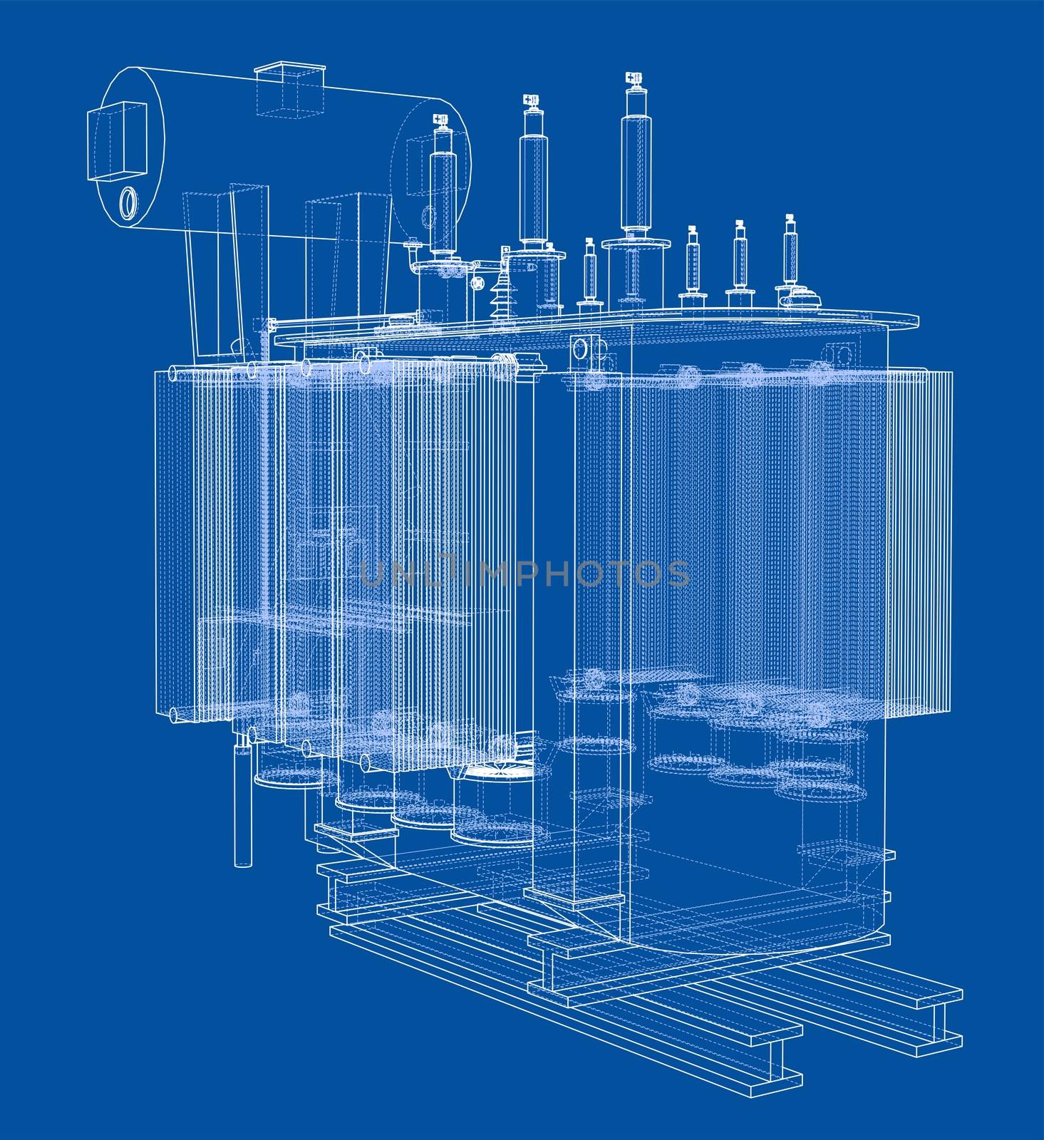 High-voltage transformer concept. 3d illustration. Wire-frame style