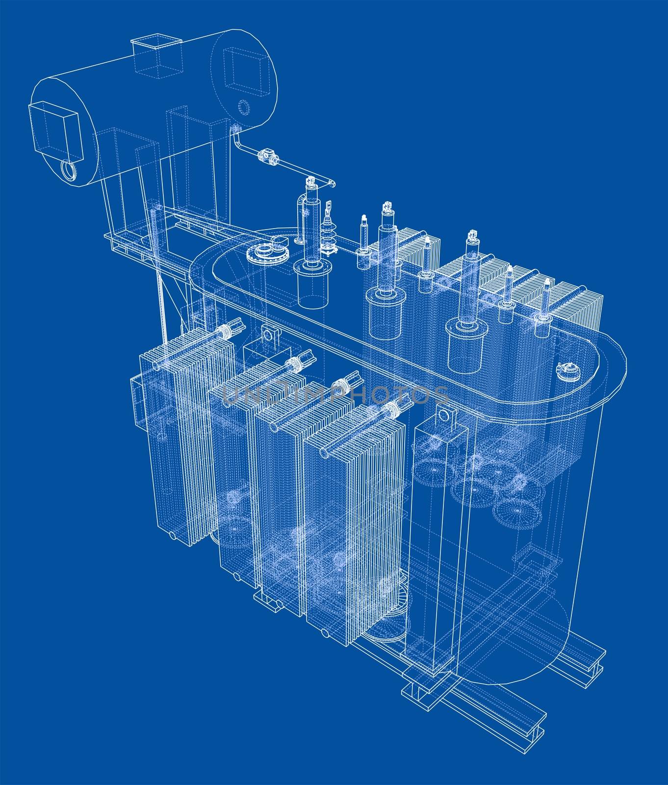 High-voltage transformer concept. 3d illustration. Wire-frame style