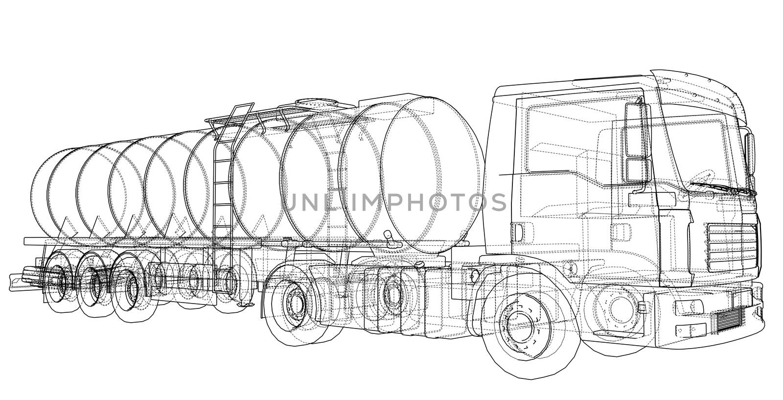 Truck with tank concept. 3d illustration. Wire-frame style