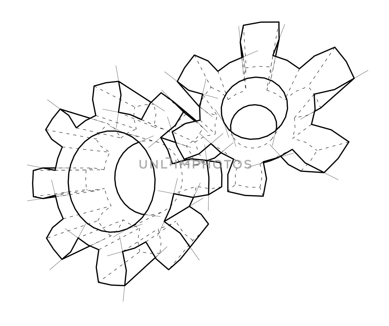 3D gear wheel. 3d illustration. Wire-frame style