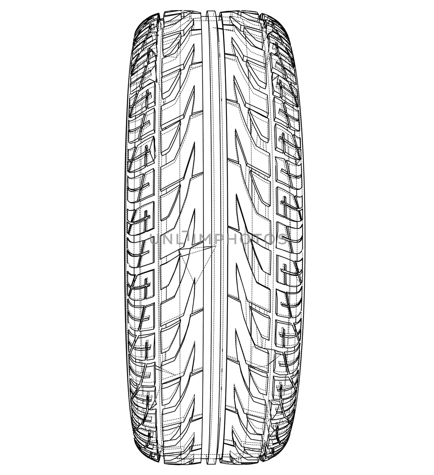 Car tire concept. 3d illustration. Wire-frame style