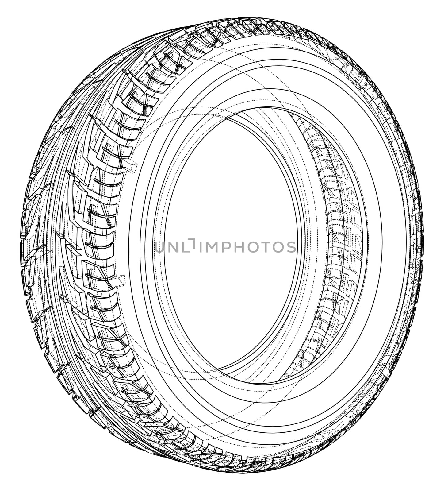 Car tire concept. 3d illustration. Wire-frame style