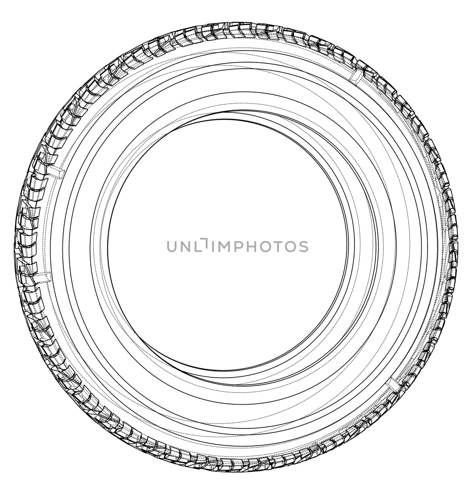 Car tire concept. 3d illustration. Wire-frame style