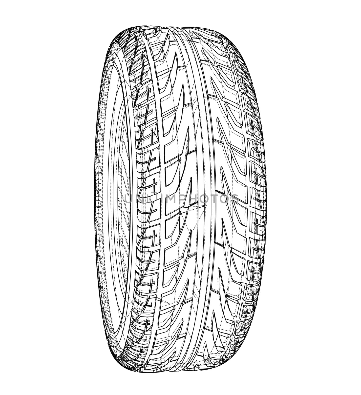 Car tire concept. 3d illustration. Wire-frame style