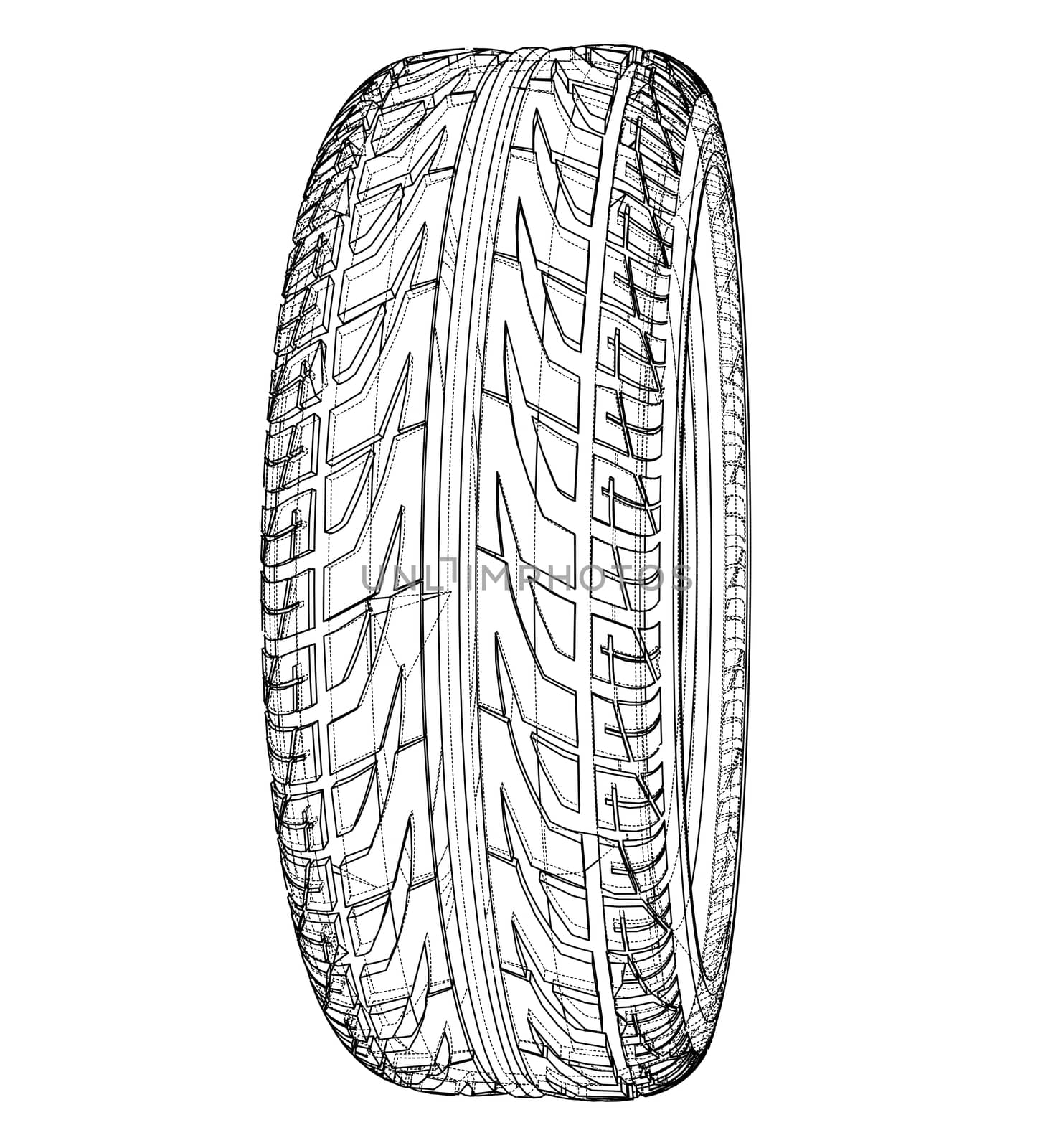 Car tire concept. 3d illustration. Wire-frame style